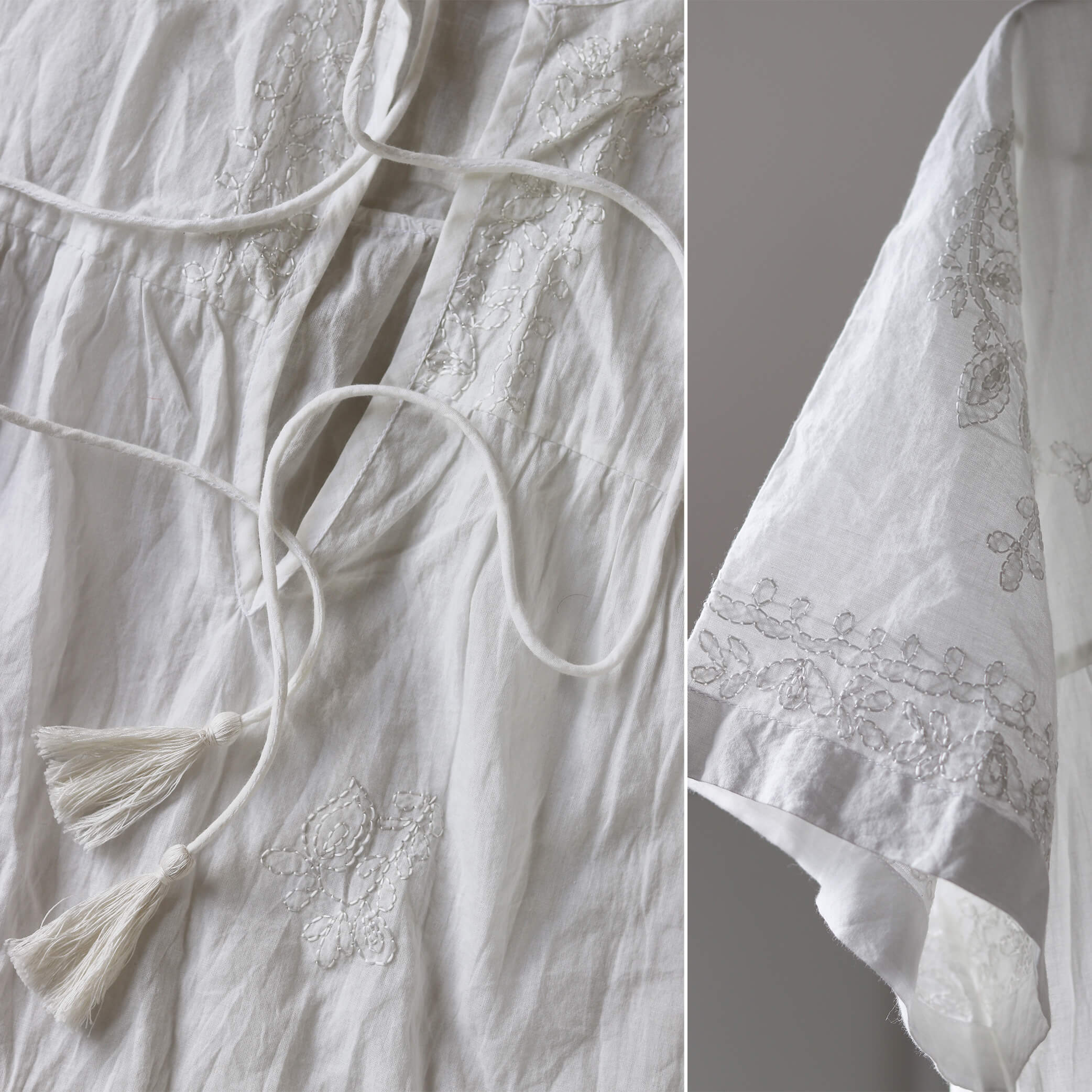 Hand Embroidered Cotton Voile Top in Chalk