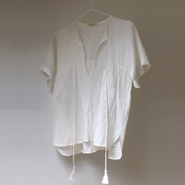 Hand Embroidered Cotton Voile Top in Chalk