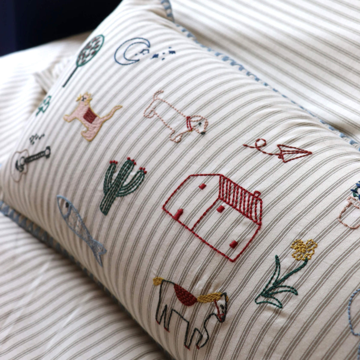 Embroidered Ticking Stripe Cushion