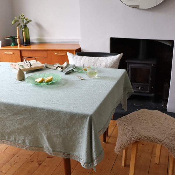 Washed Linen Cotton Tablecloth with Lace edge - Celedon Green