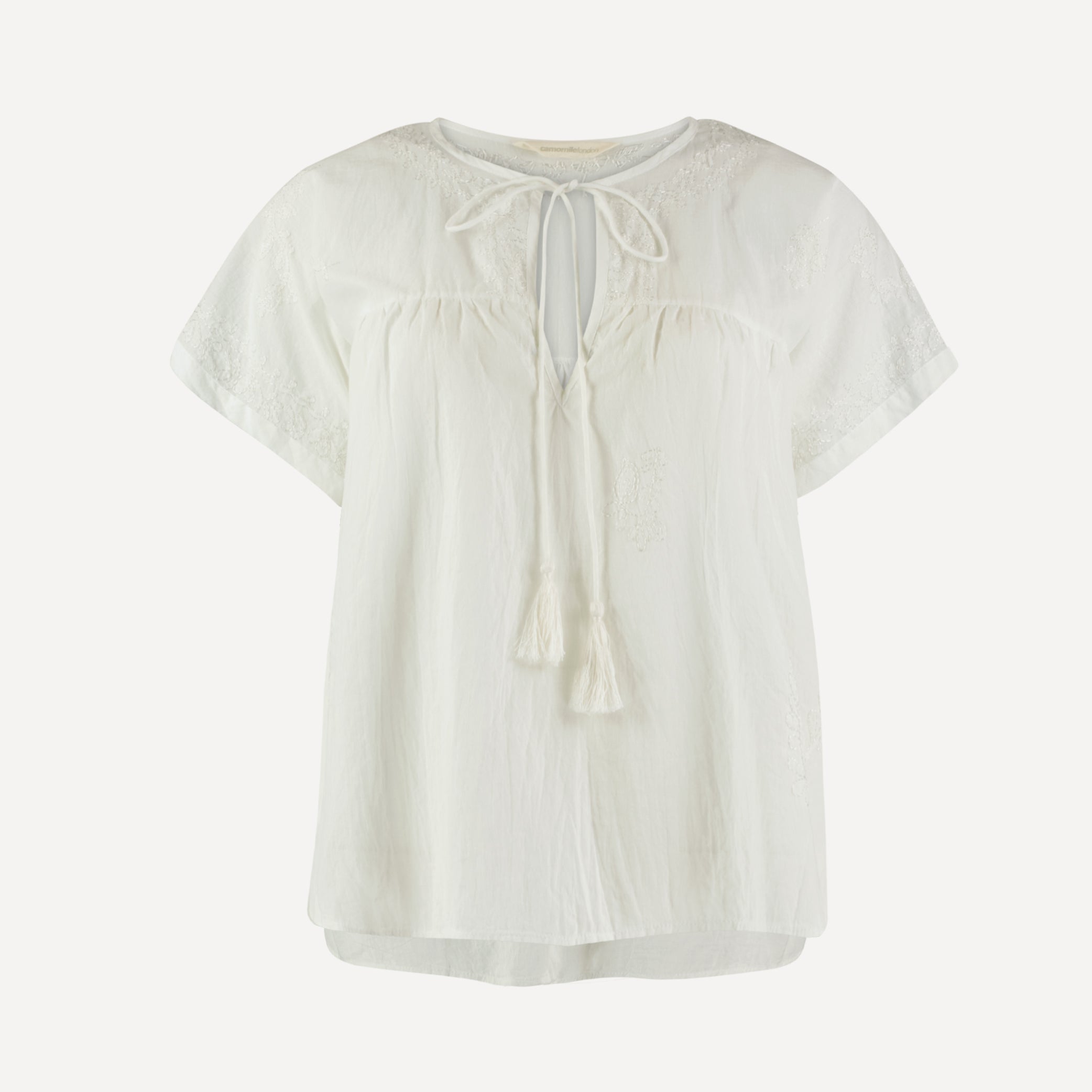 Hand Embroidered Cotton Voile Top in Chalk