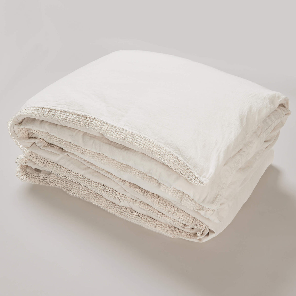Washed Linen Cotton Duvet Cover with Lace Edge - Chalk