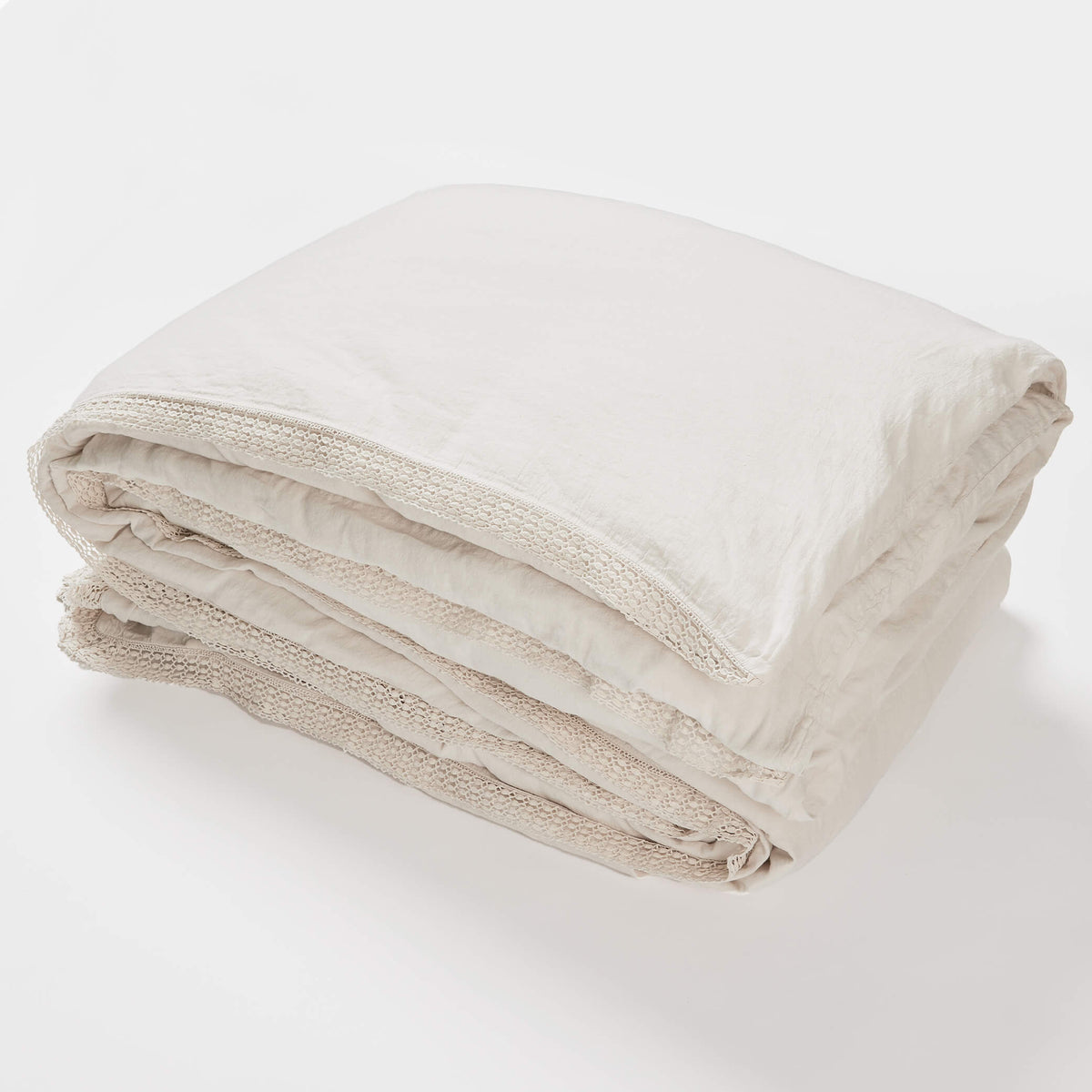 Washed Linen Cotton Duvet Cover with Lace Edge - Chalk