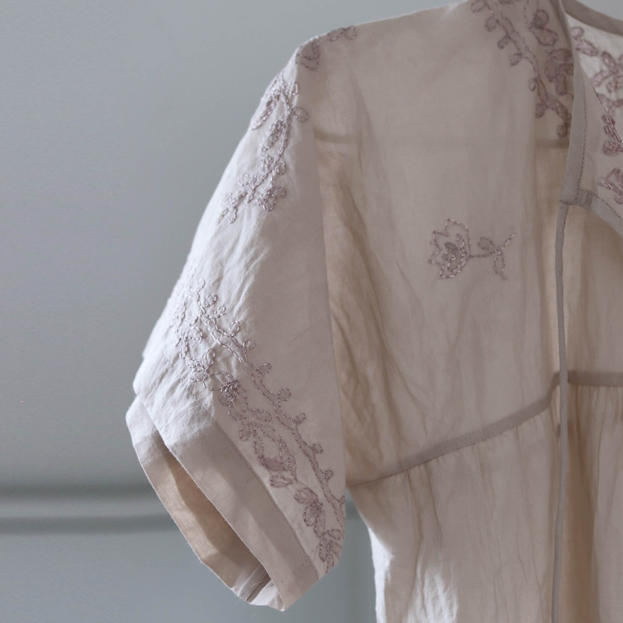 Hand Embroidered Cotton Voile Top in China Clay