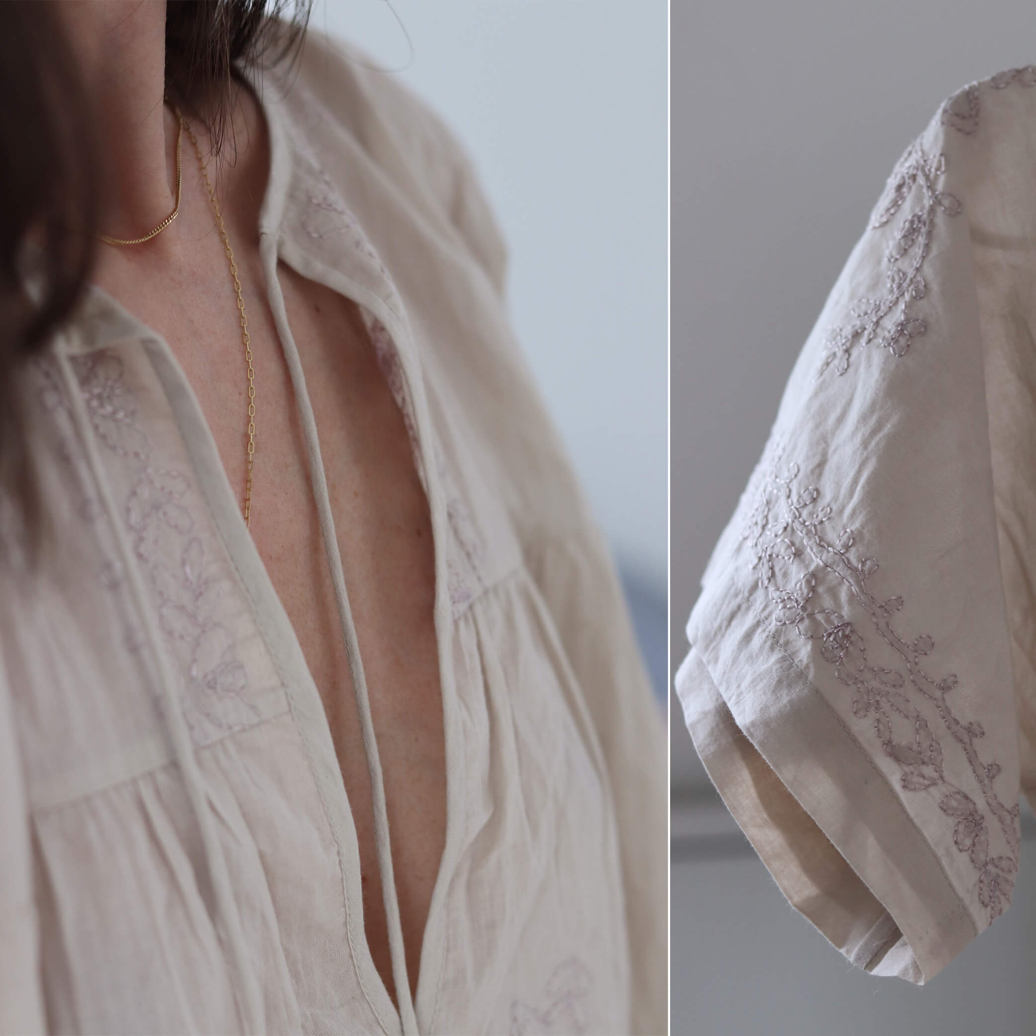 Hand Embroidered Cotton Voile Top in China Clay