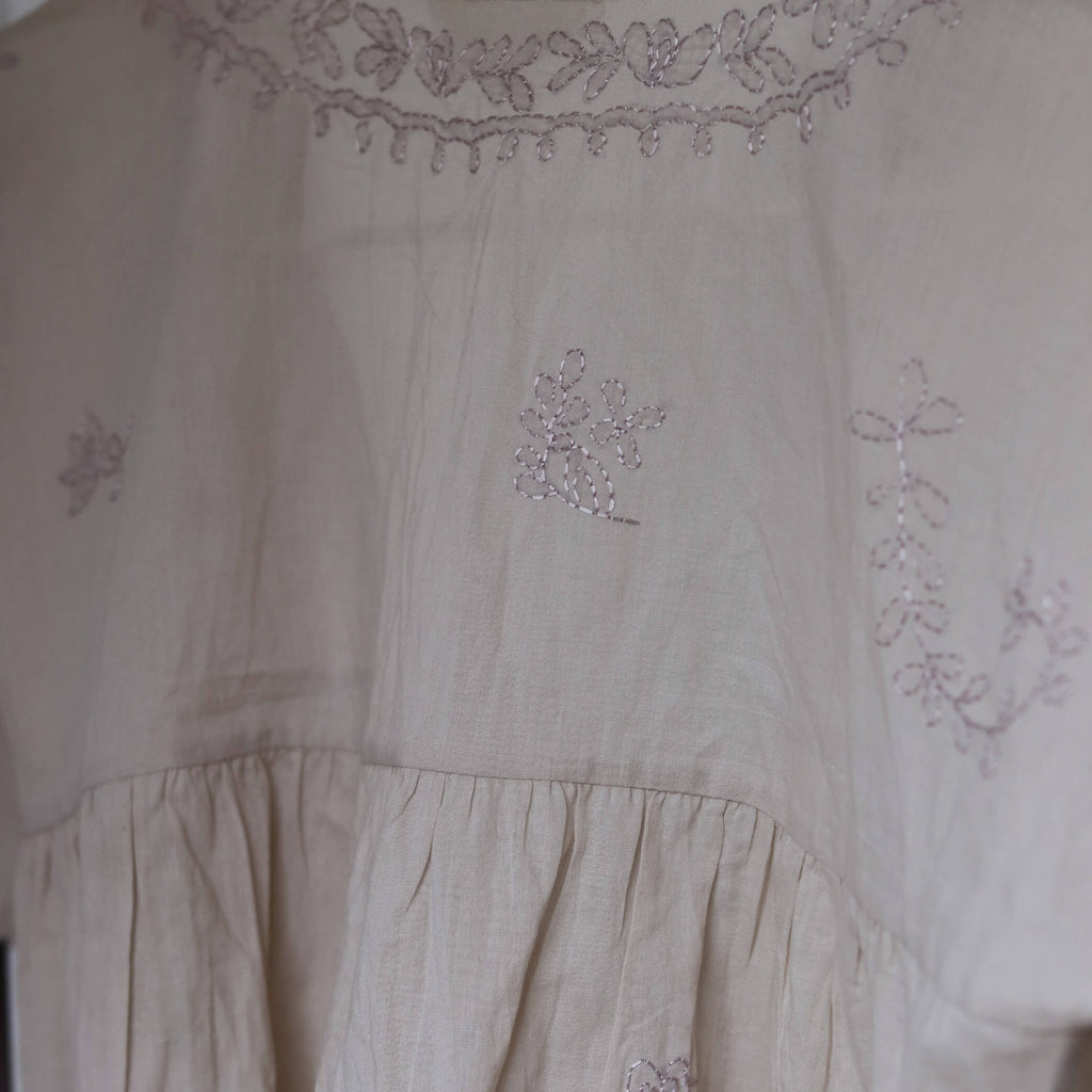 Hand Embroidered Cotton Voile Top in China Clay