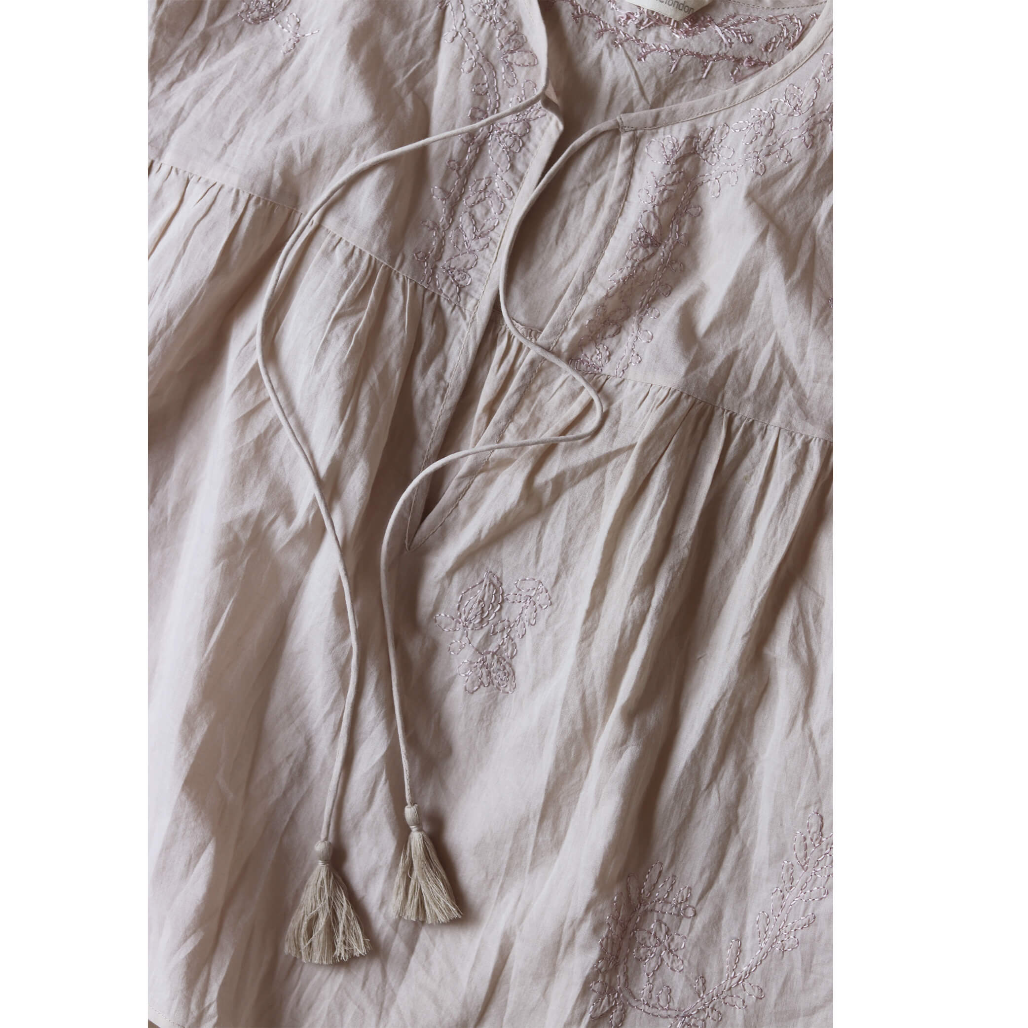 Hand Embroidered Cotton Voile Top in China Clay