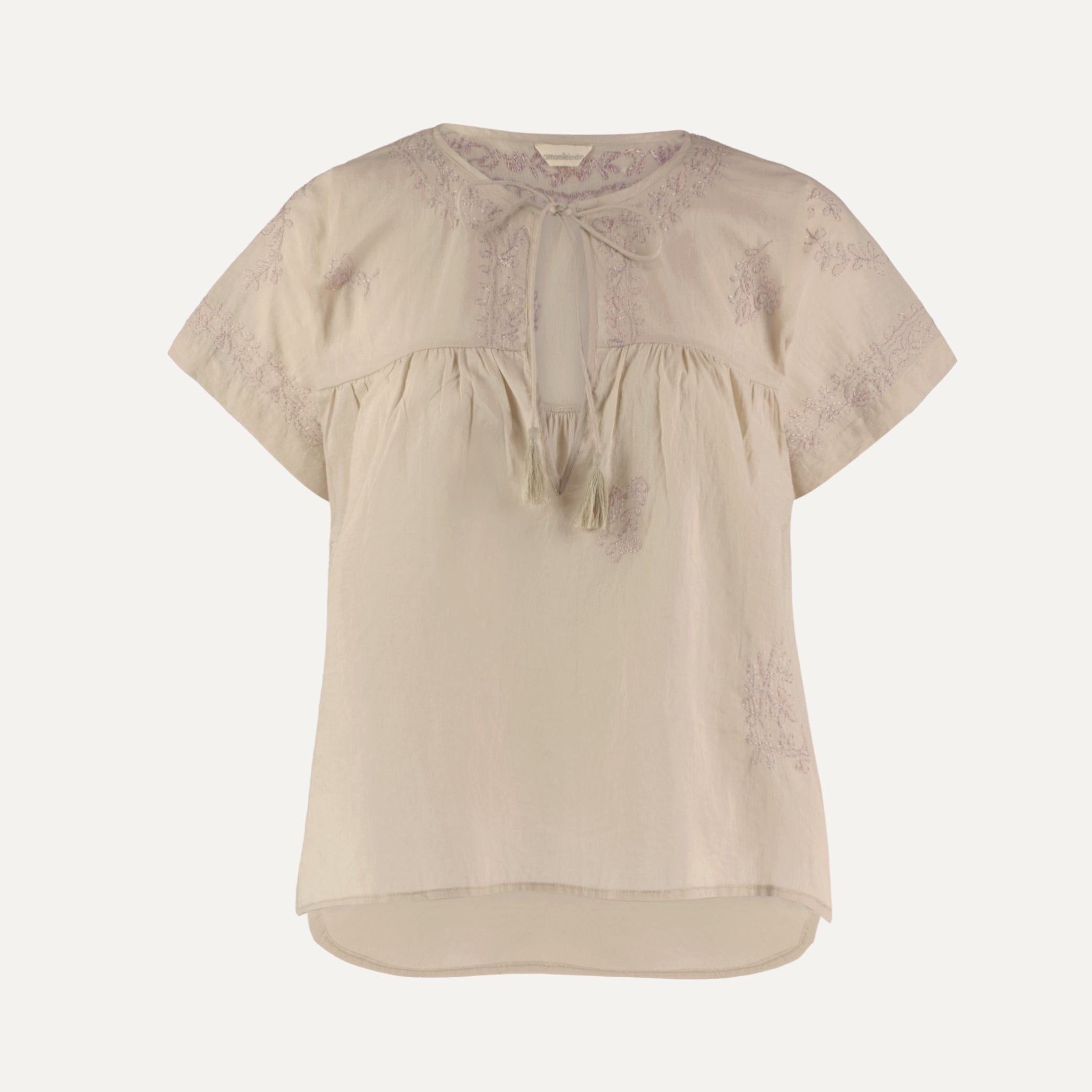 Hand Embroidered Cotton Voile Top in China Clay
