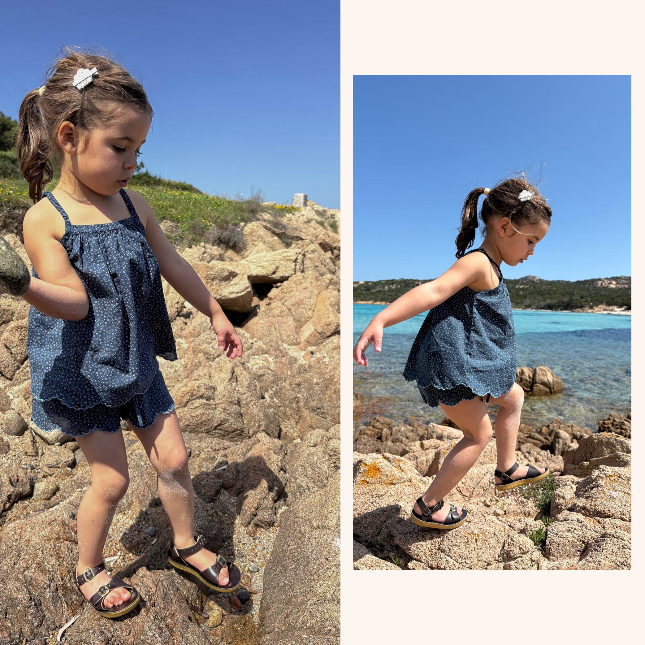 Scalloped edge kids shorts set - Indigo Dot