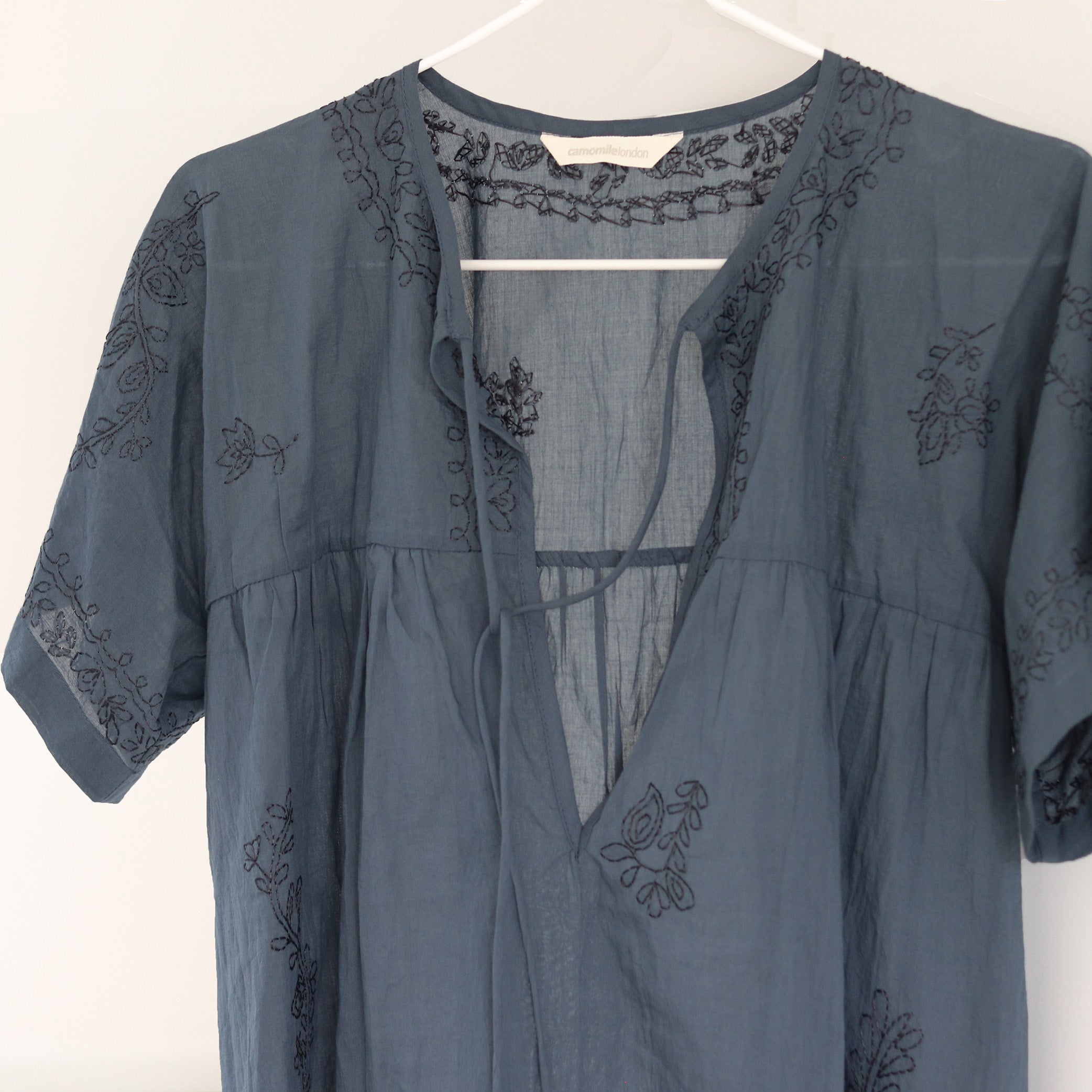 Hand Embroidered Cotton Voile Top in Ink
