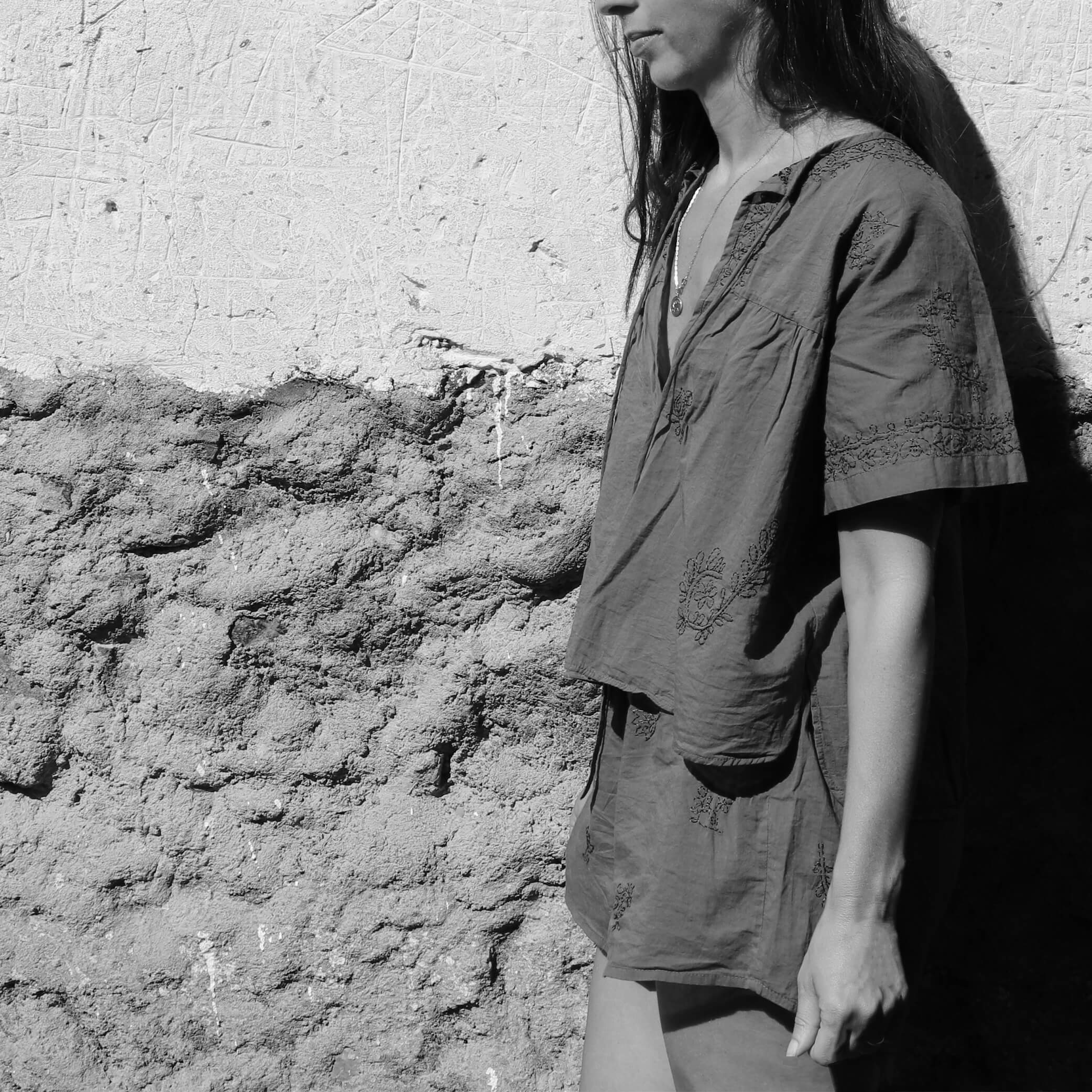 Hand Embroidered Cotton Voile Shorts in Ink