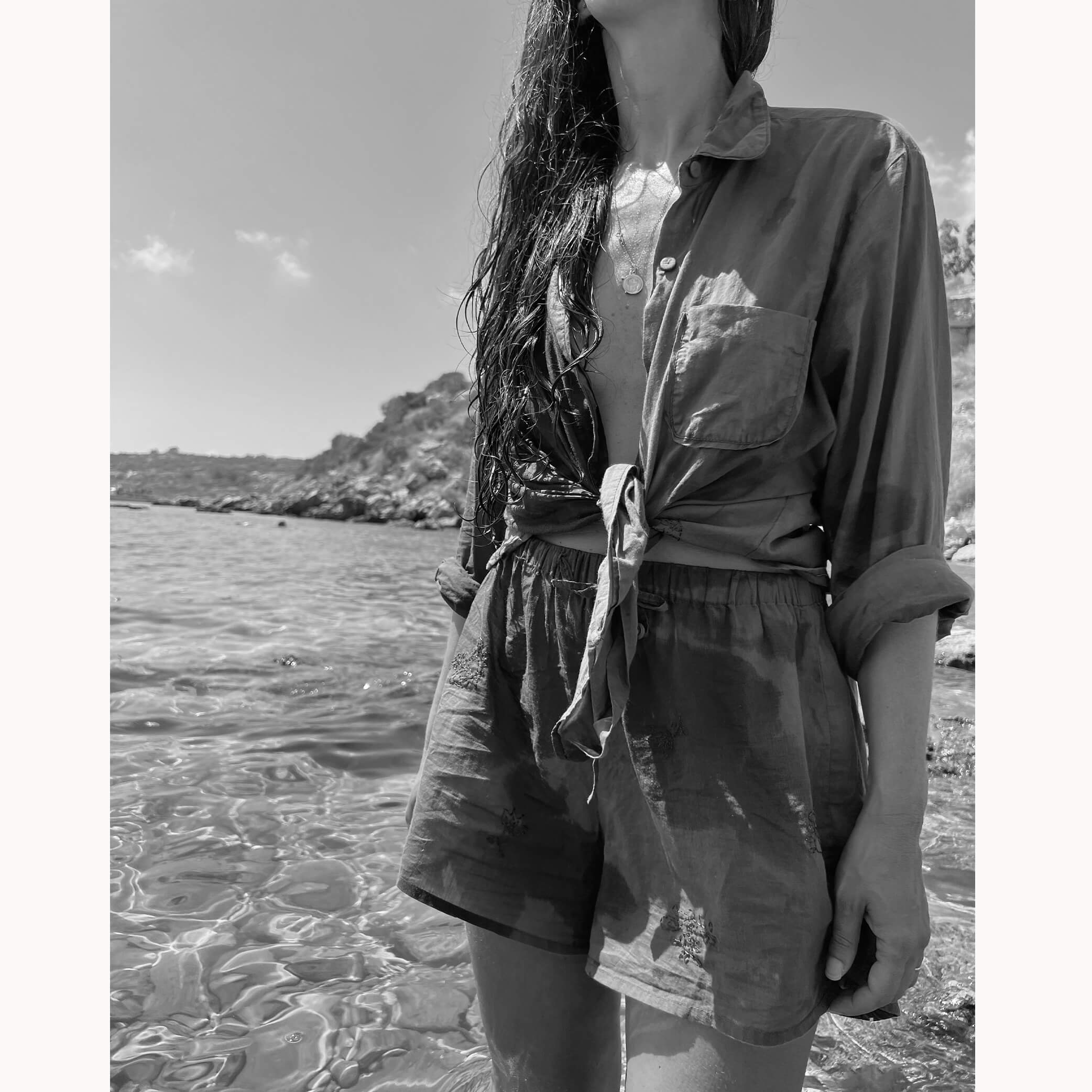 Hand Embroidered Cotton Voile Shorts in Ink