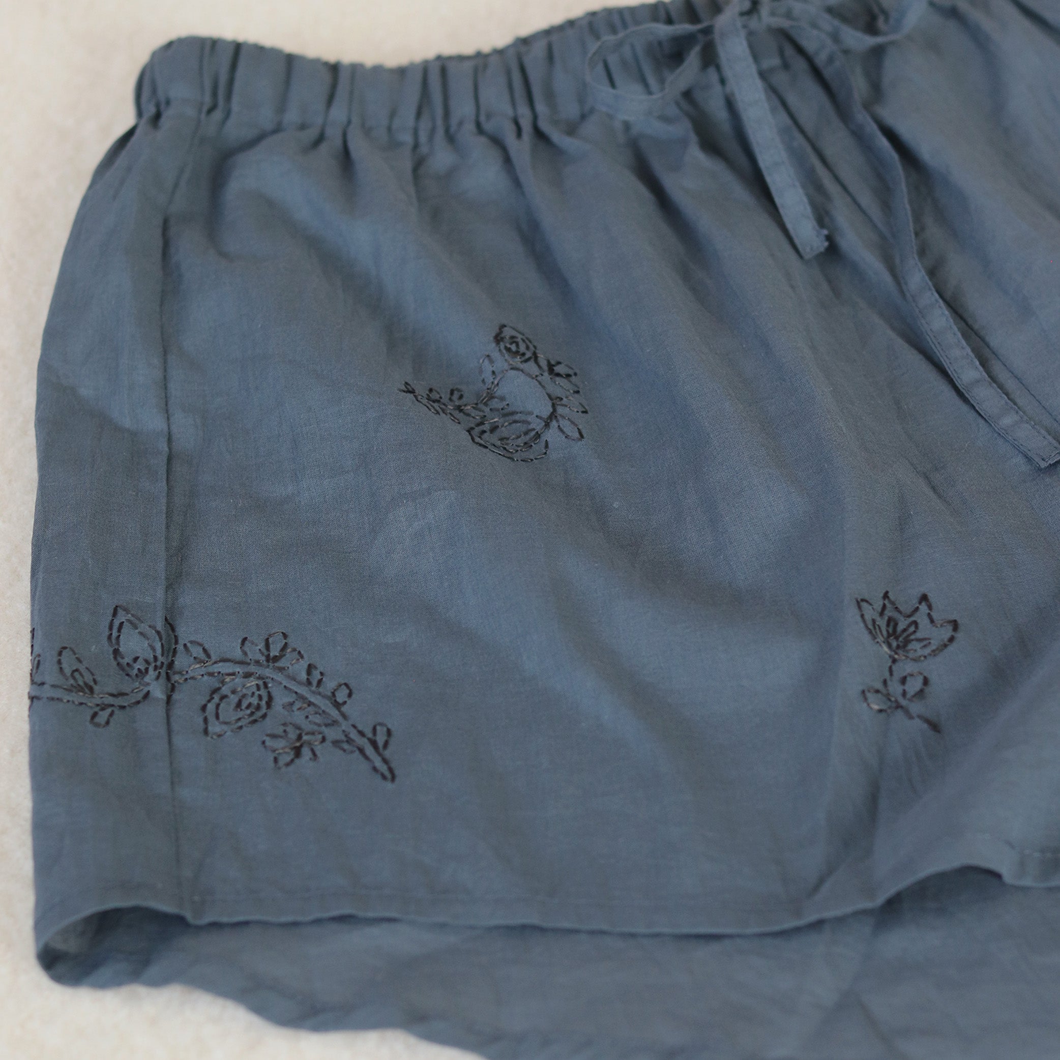 Hand Embroidered Cotton Voile Shorts in Ink