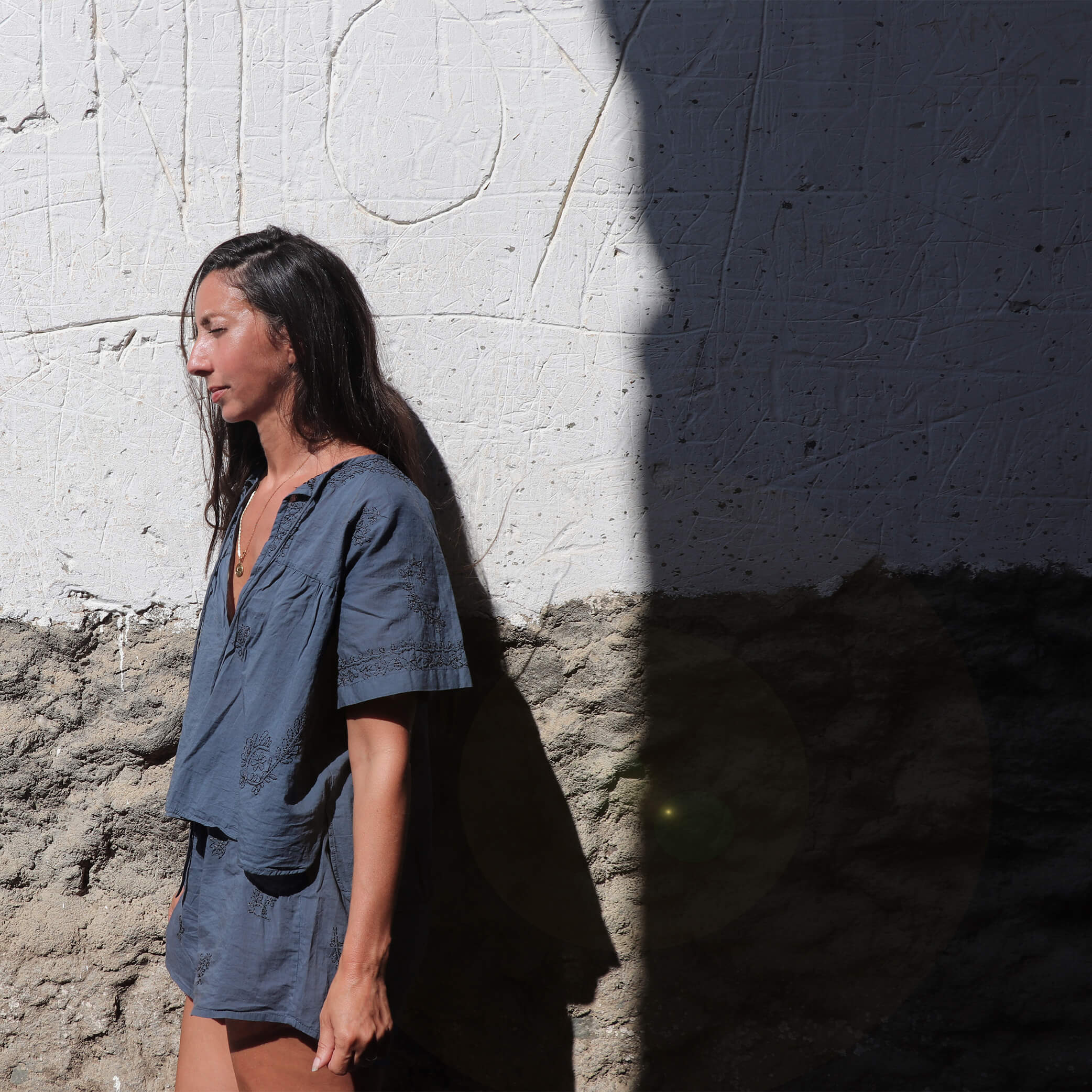 Hand Embroidered Cotton Voile Shorts in Ink