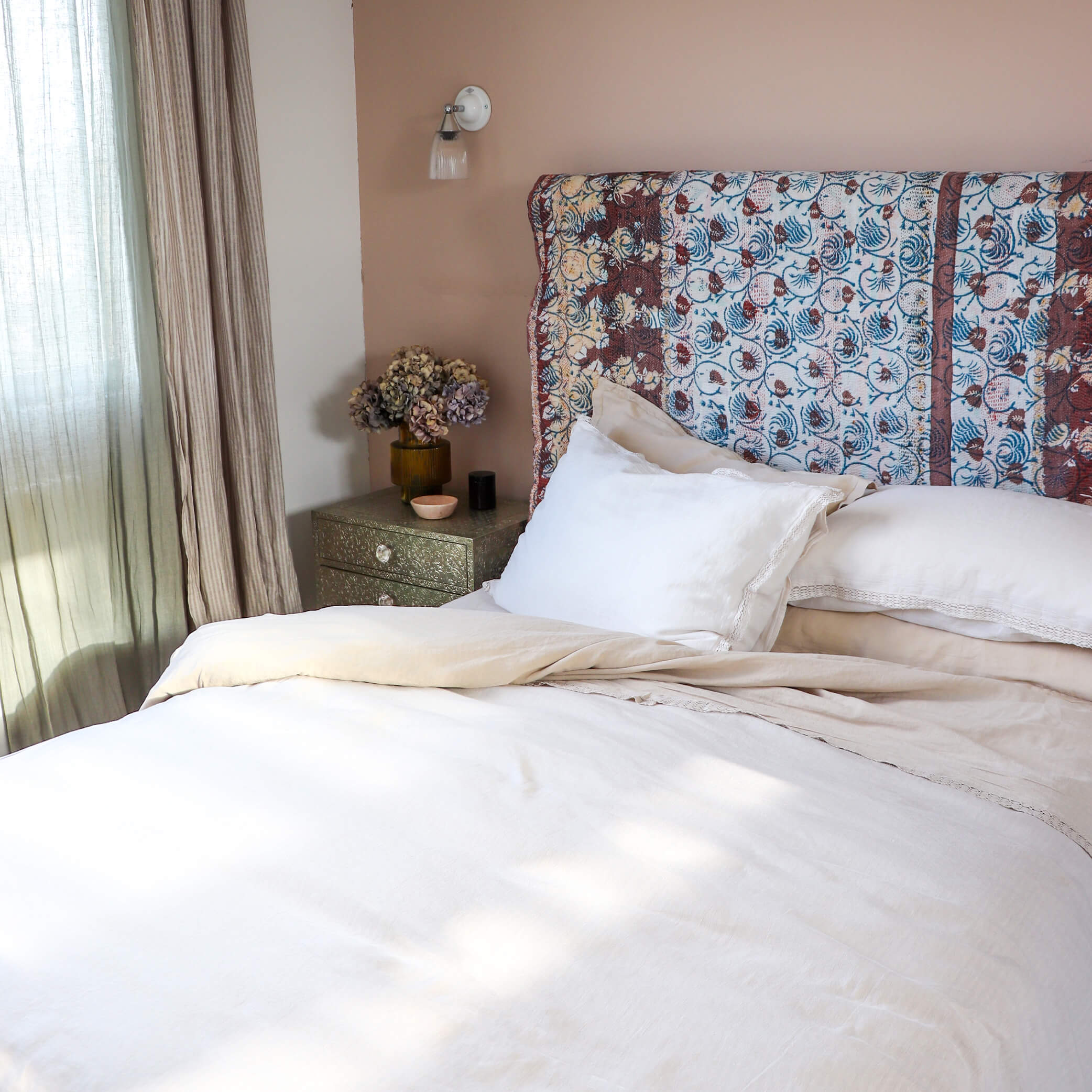 Washed Linen Cotton Duvet Cover with Lace Edge - Chalk