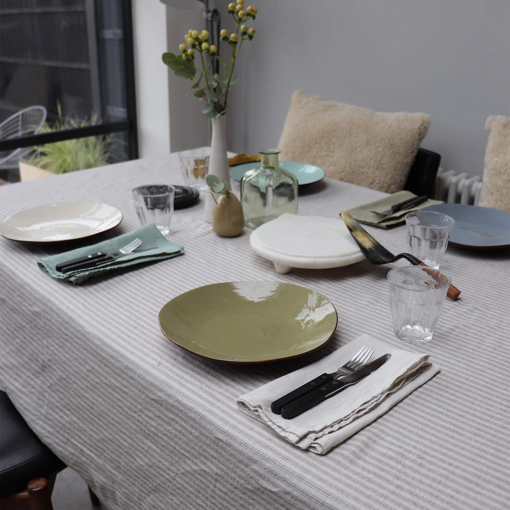 Washed Linen Cotton Ticking Stripe Tablecloth - Mineral