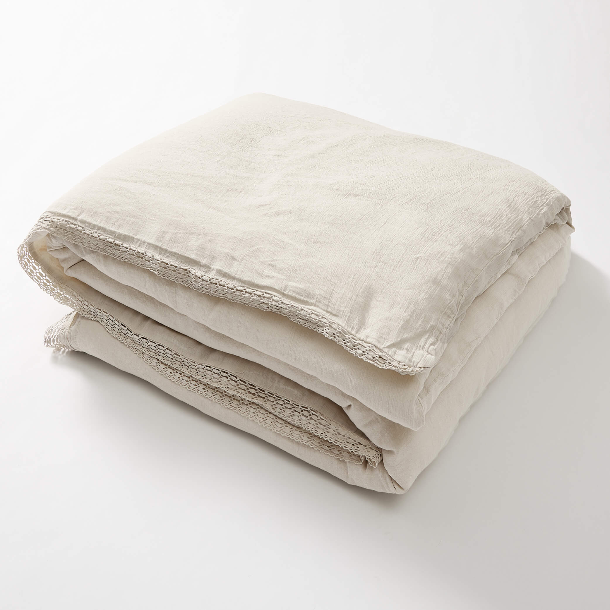 Washed Linen Cotton Duvet Cover with Lace Edge - Putty