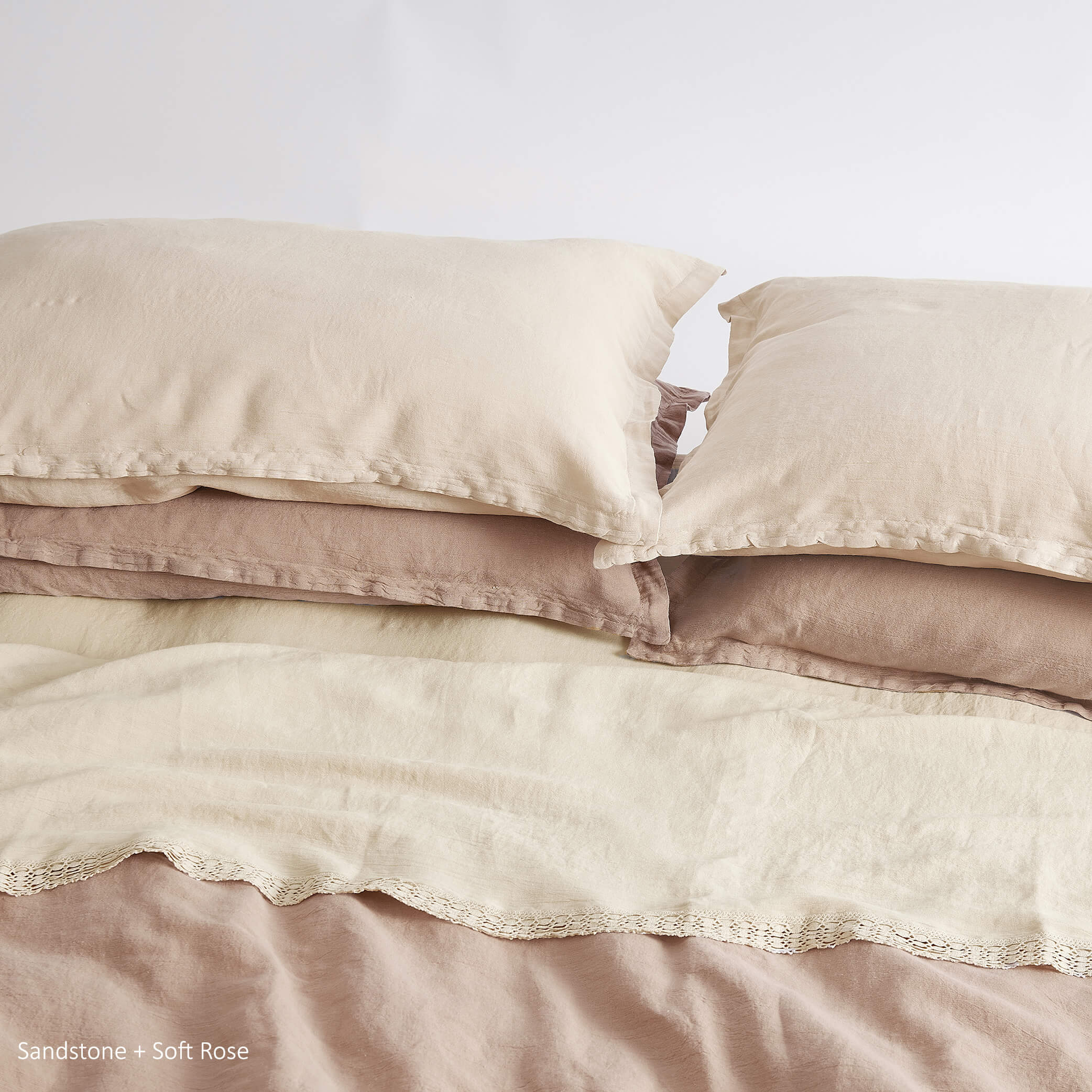 Washed Linen Cotton Duvet Cover with Lace Edge - Soft Rose