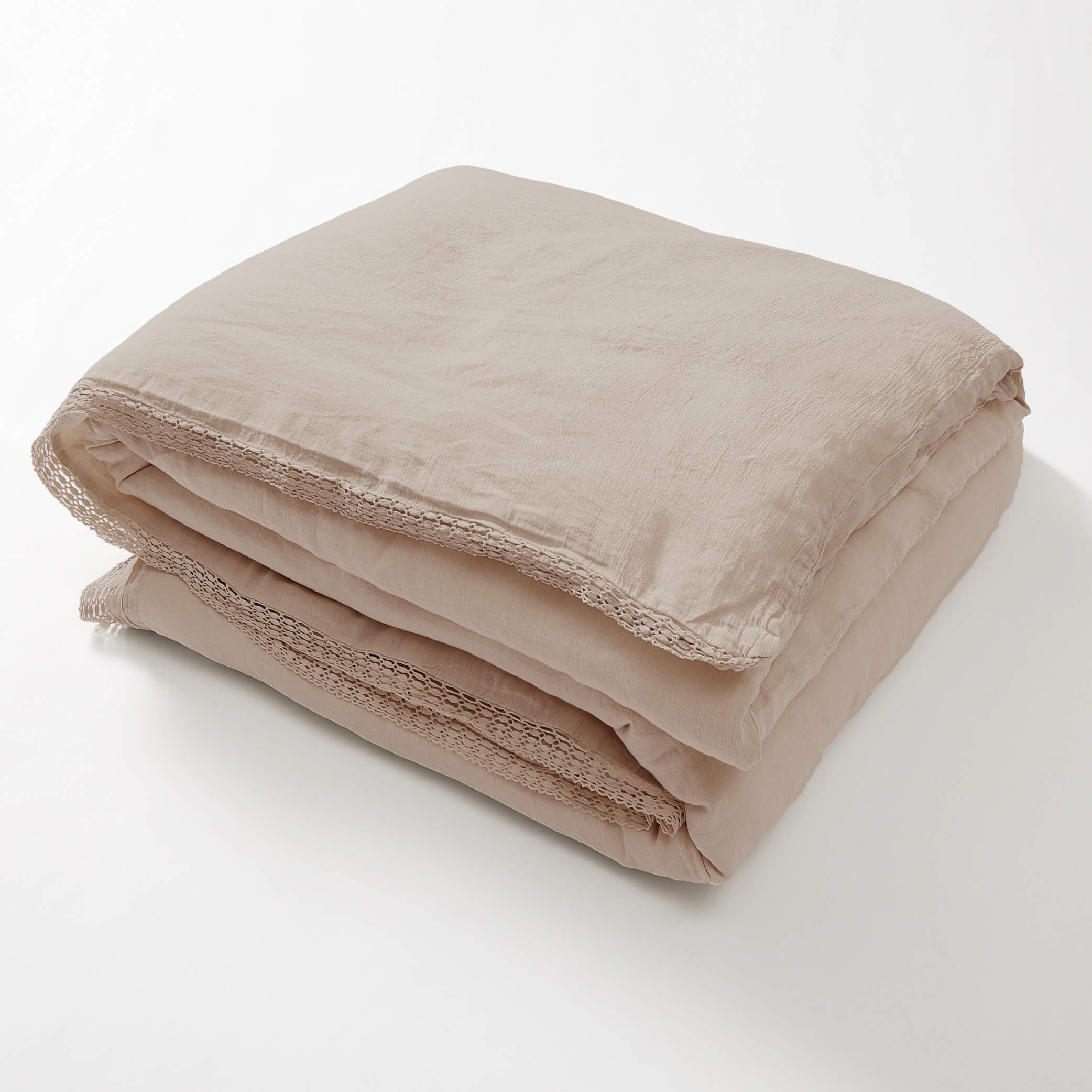 Washed Linen Cotton Duvet Cover with Lace Edge - Soft Rose