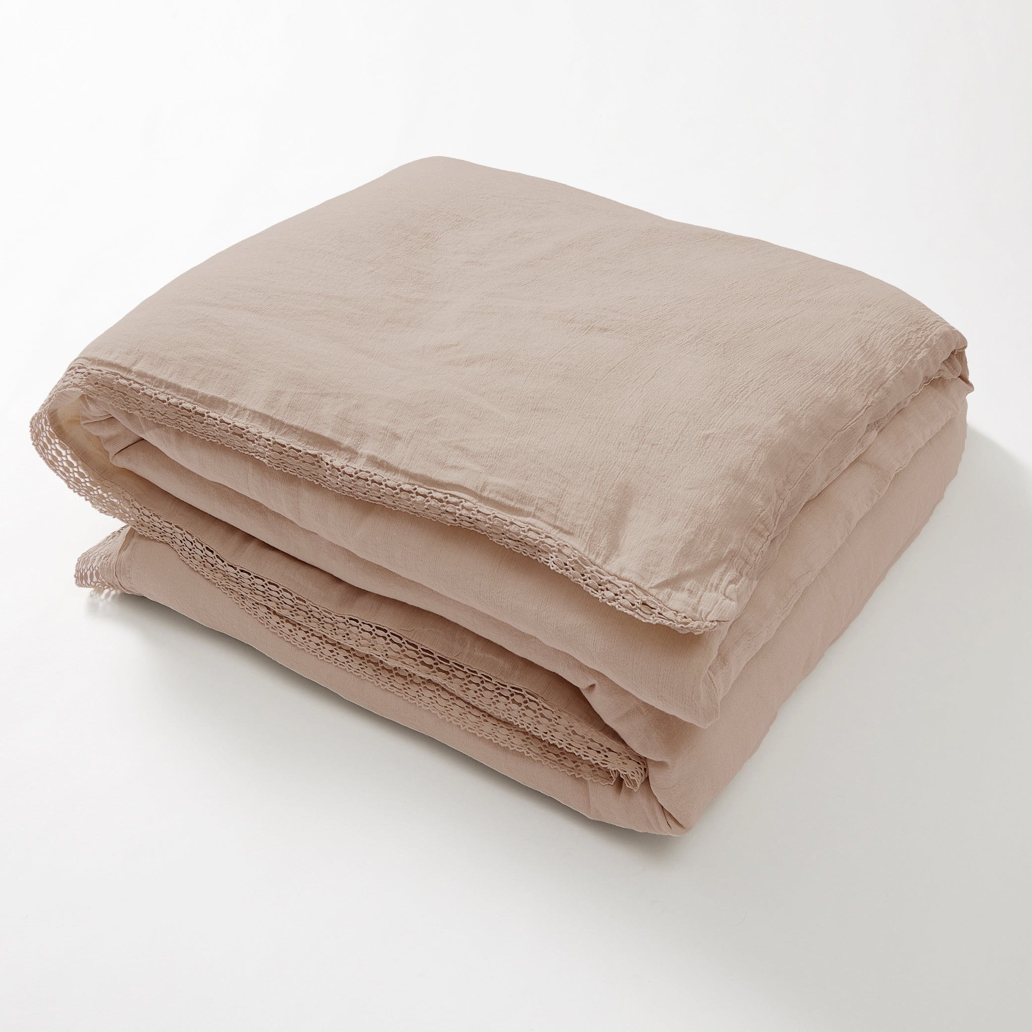 Washed Linen Cotton Duvet Cover with Lace Edge - Soft Rose