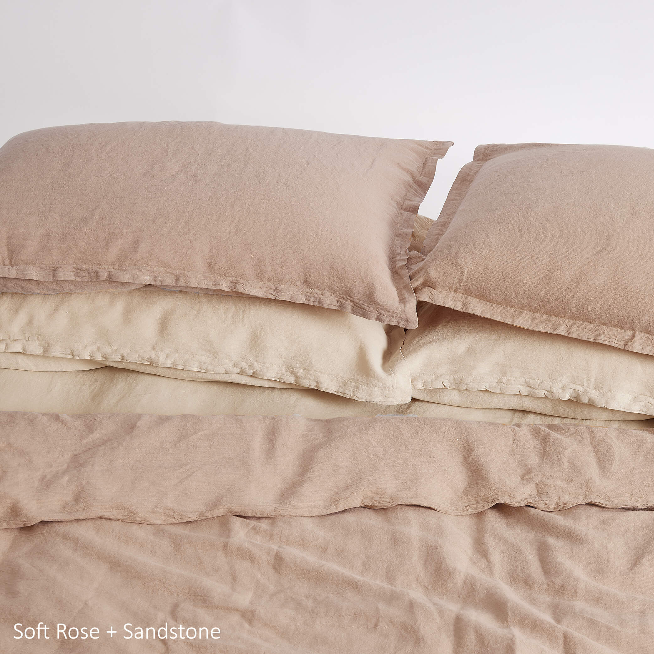 Washed Linen Cotton Duvet Cover with Lace Edge - Soft Rose