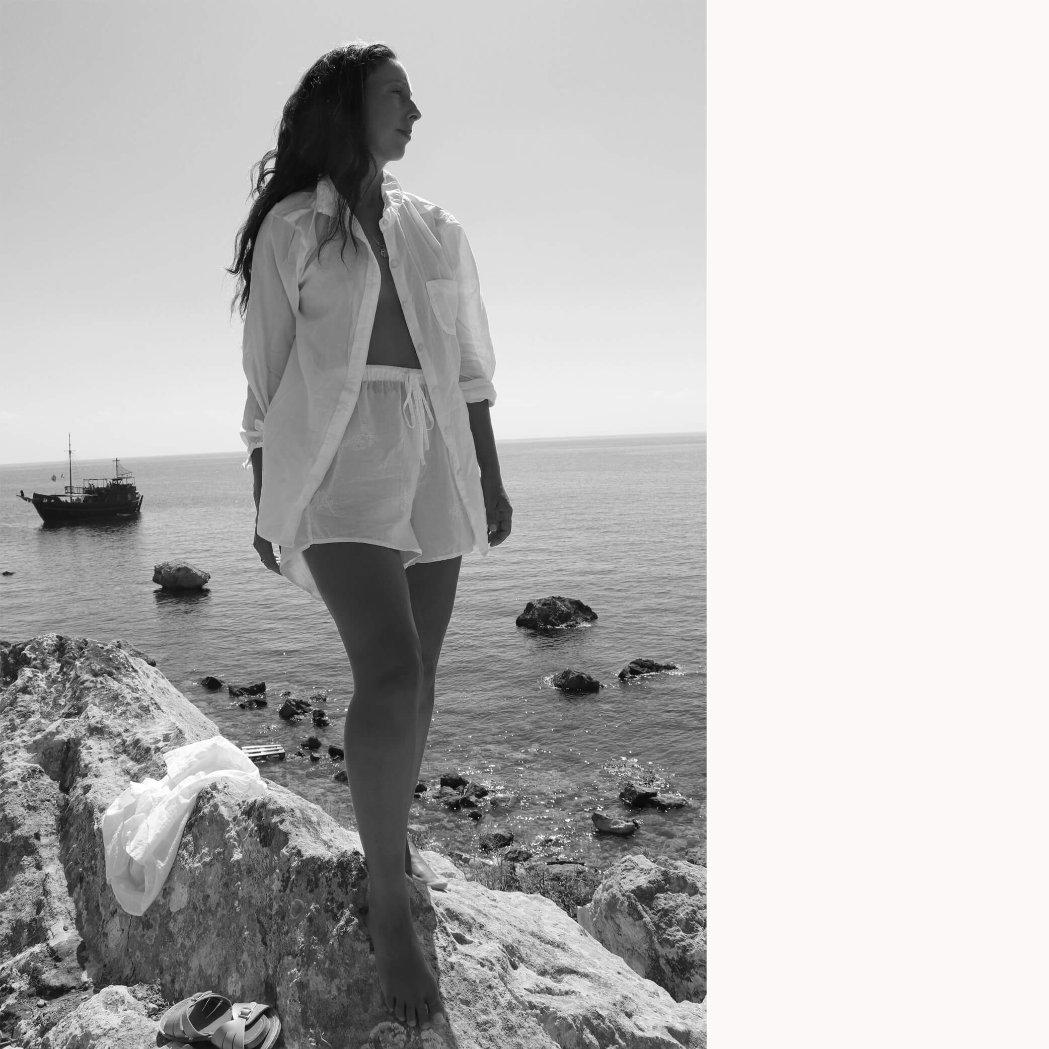 Hand Embroidered Cotton Voile Shorts in Chalk