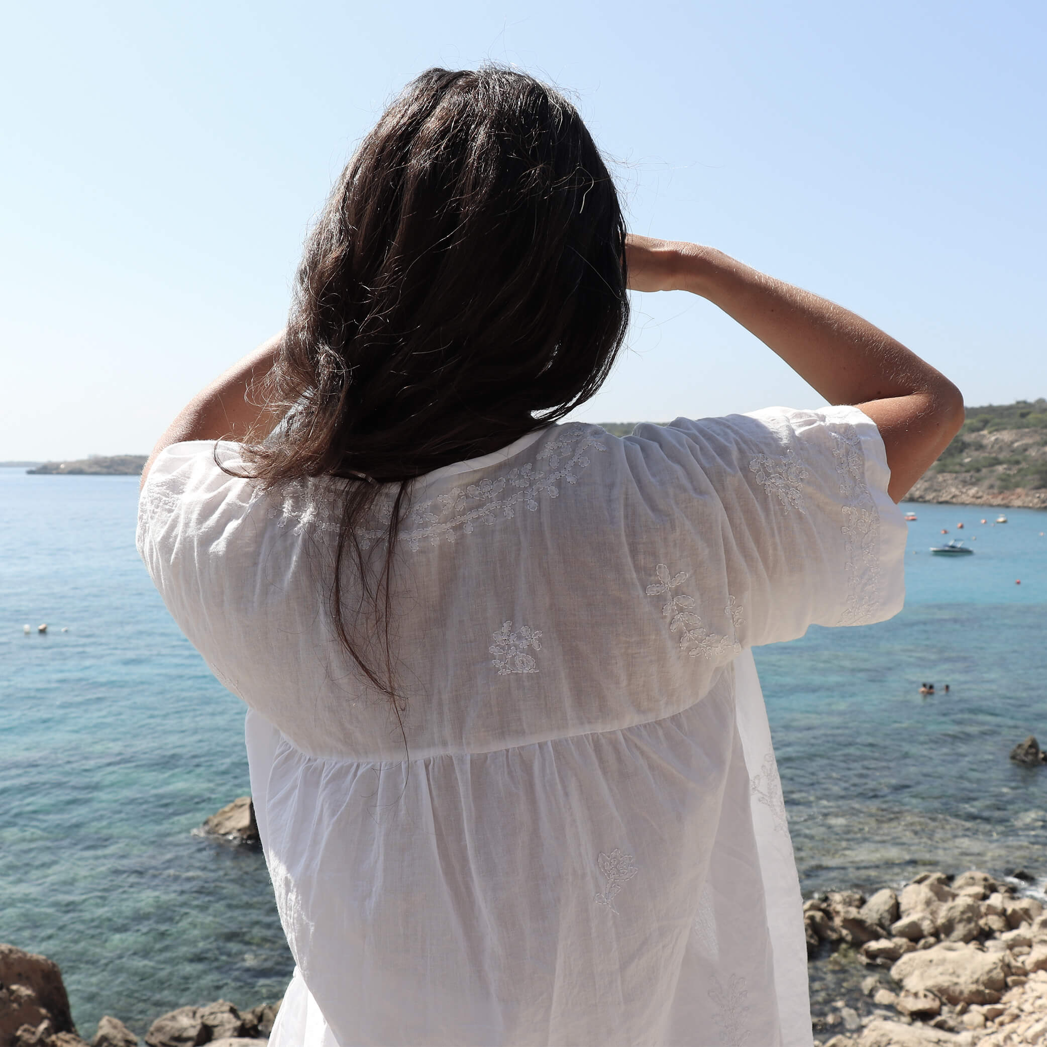 Hand Embroidered Cotton Voile Top in China Clay