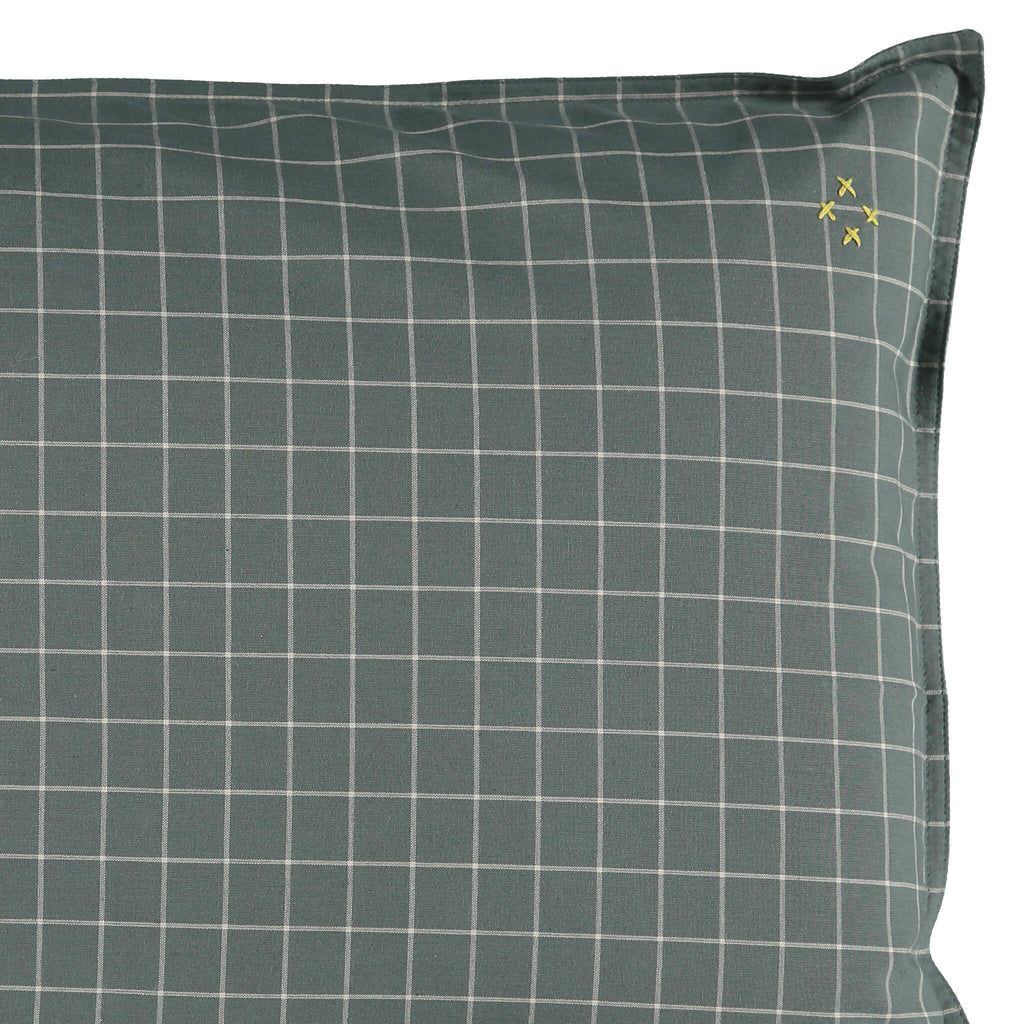 Teal pillowcase with stone check print organic cotton bedding camomile london