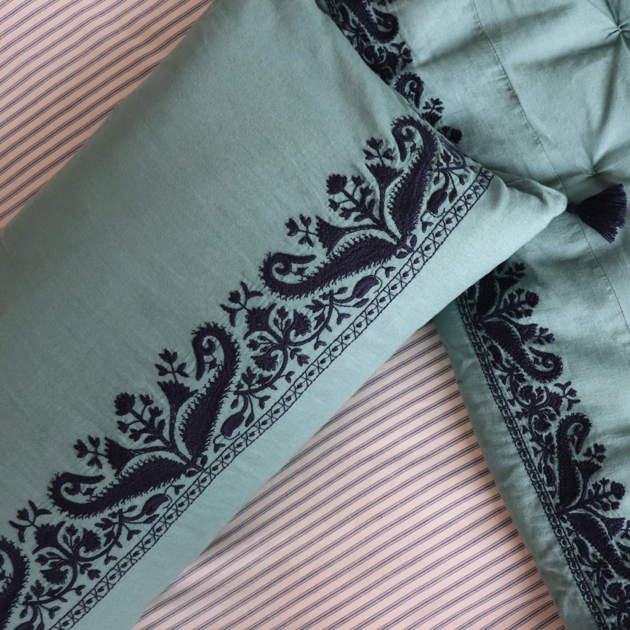 Teal Paisley Embroidered Bolster Cushion Cover