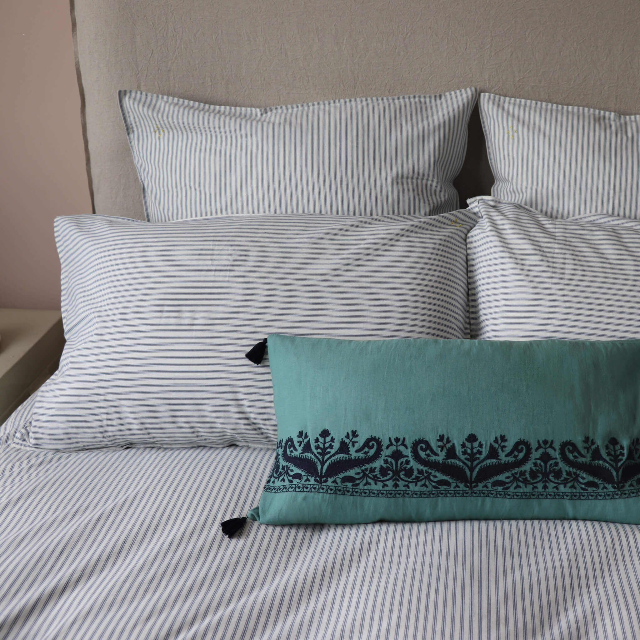 Teal Paisley Embroidered Bolster Cushion Cover
