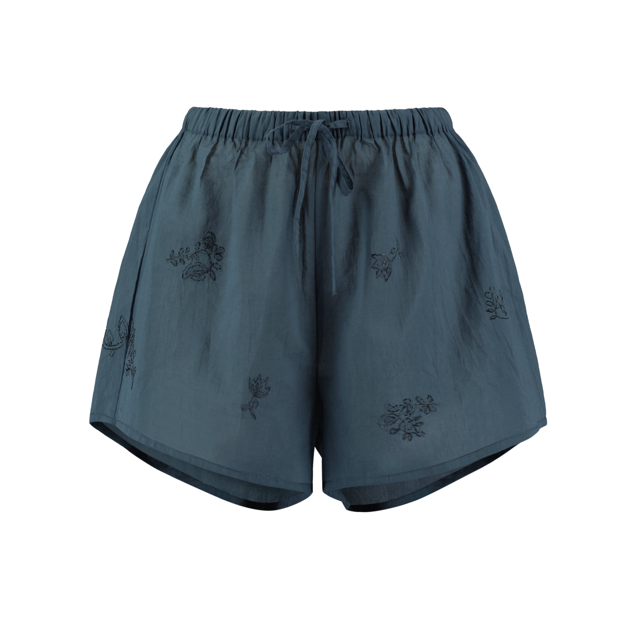 Hand Embroidered Cotton Voile Shorts in Ink