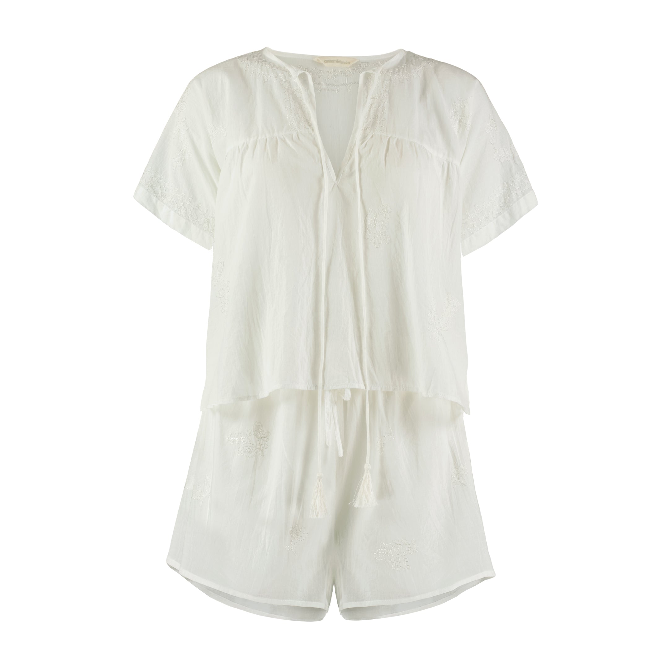 Hand Embroidered Cotton Voile Top in Chalk
