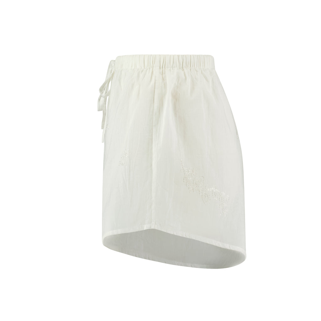 Hand Embroidered Cotton Voile Shorts in Chalk