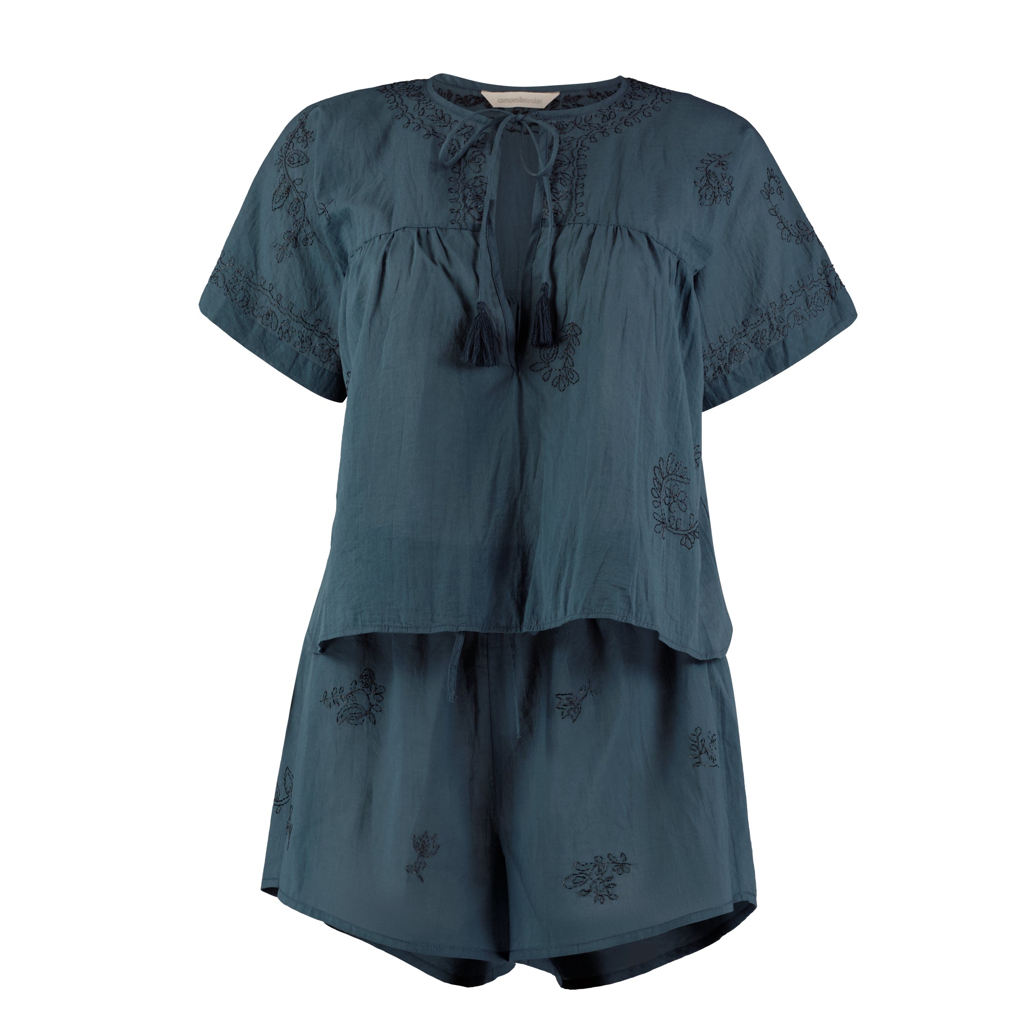 Hand Embroidered Cotton Voile Top in Ink