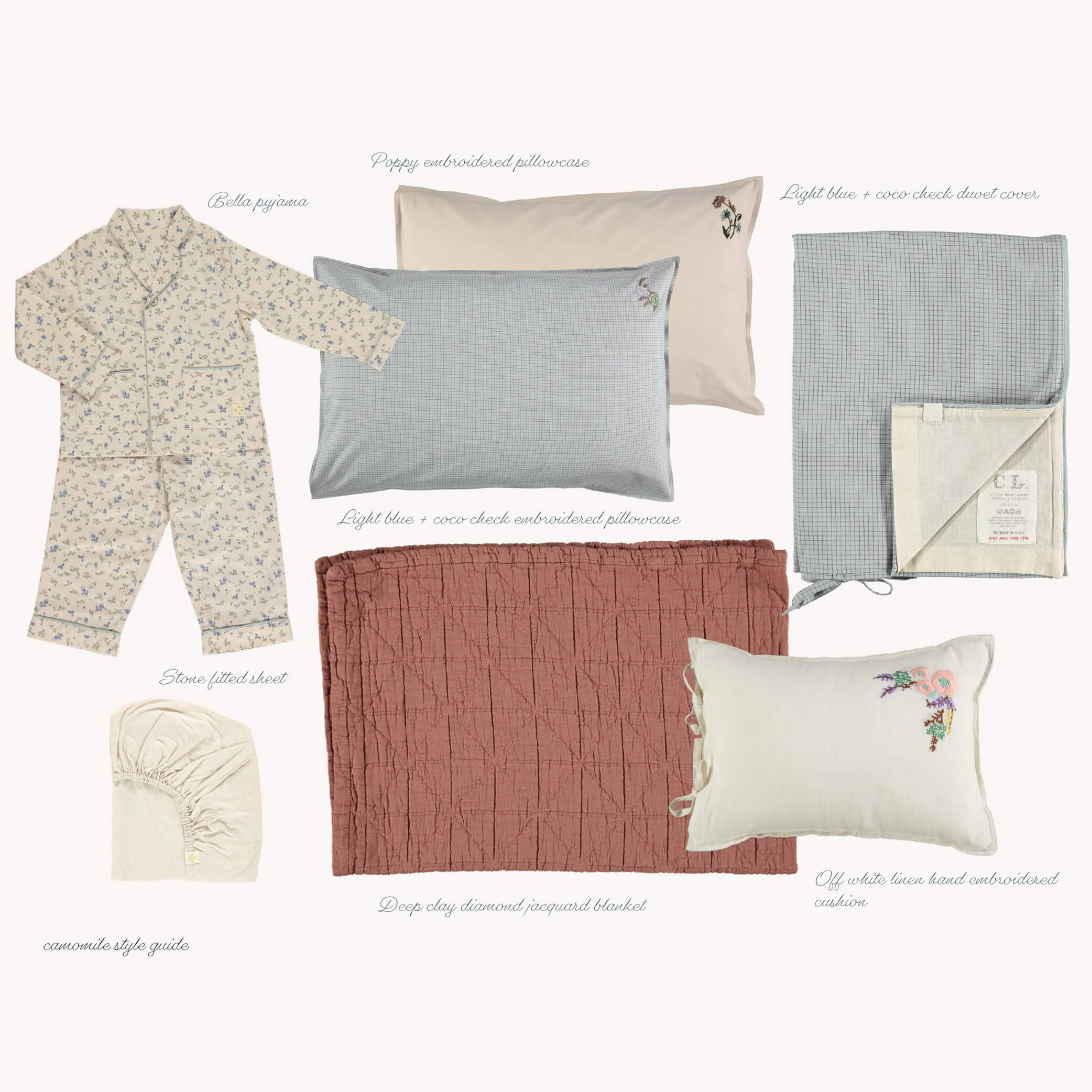 Embroidered Poppy Flower Pillowcase - Stone