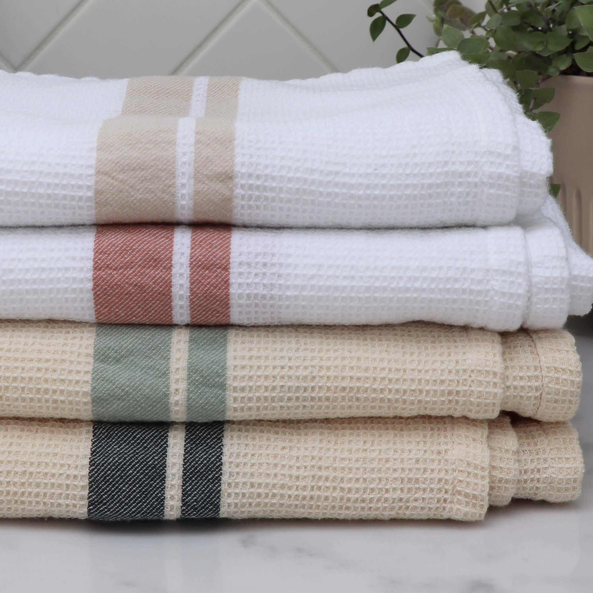 Ecru Stripe Soft Waffle Cotton Towels