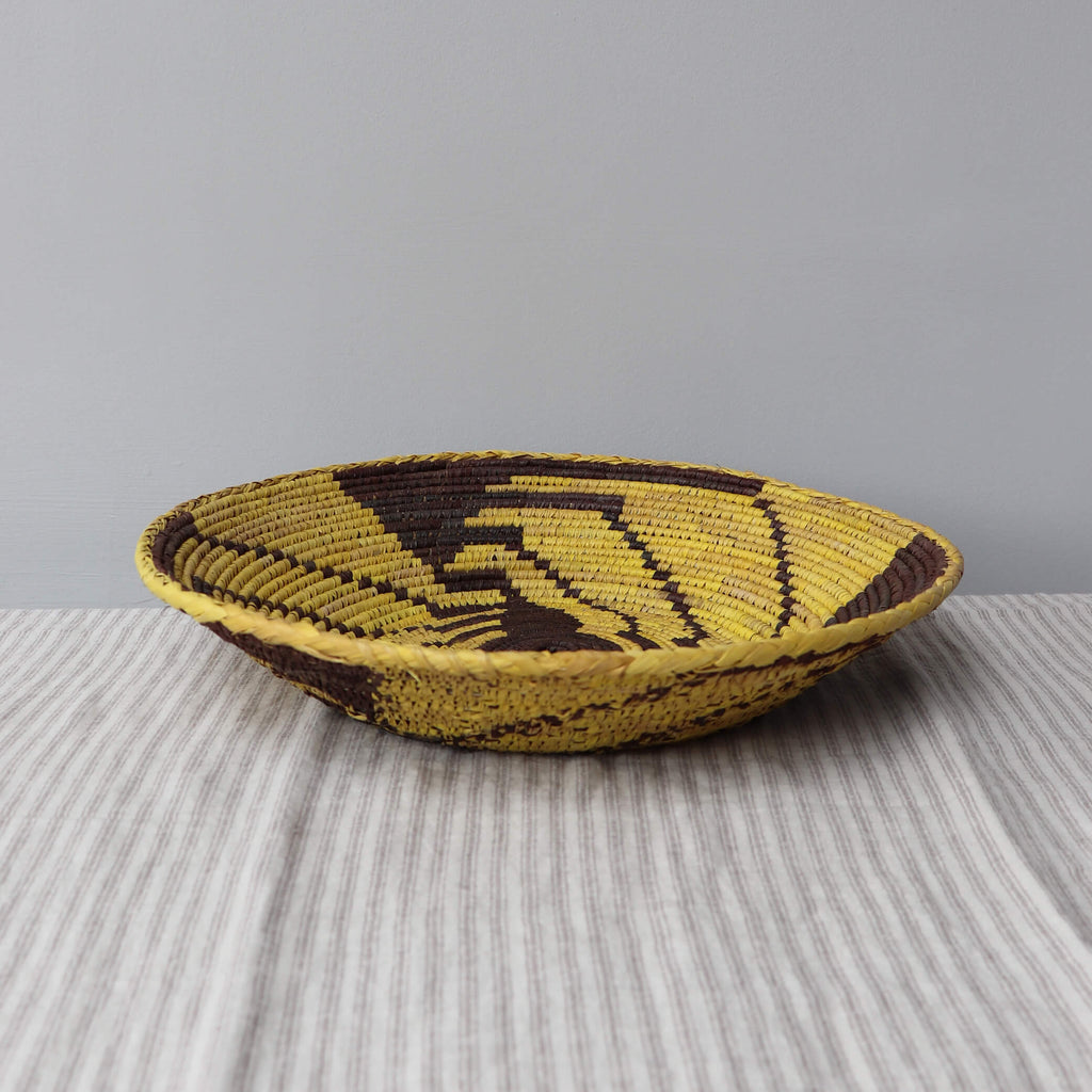 Tribal Hand Woven Coil Basket Bowl - Brown Yellow Swirl