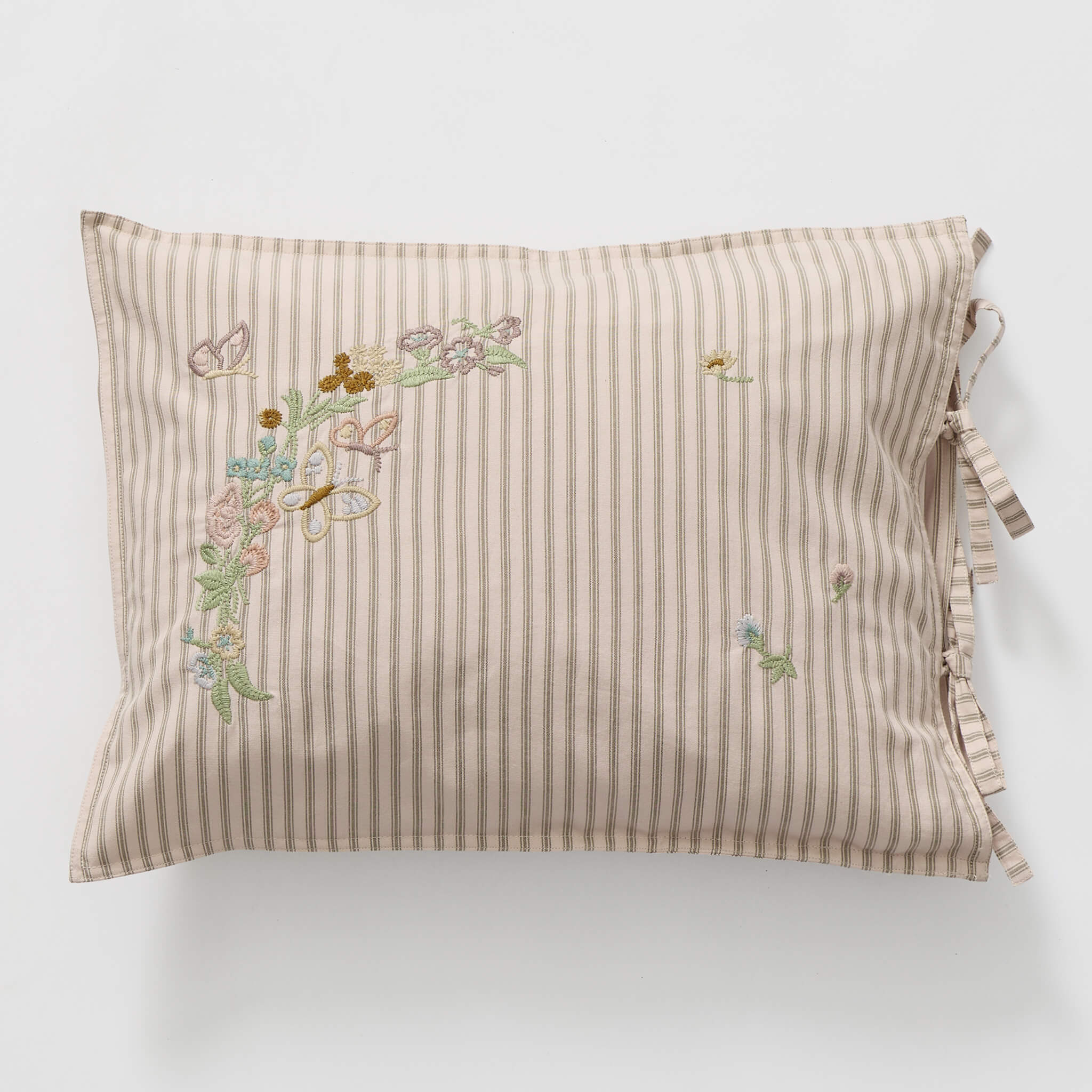Embroidered Pink Ticking Stripe Cushion