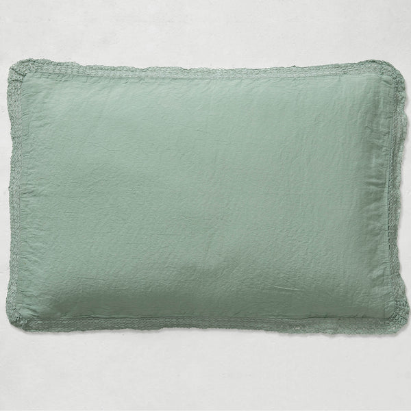 Washed Linen Cotton  Oxford Pillowcase with Lace Edge - Celedon Green