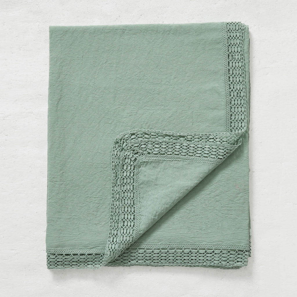 Washed Linen Cotton Tablecloth with Lace edge - Celedon Green