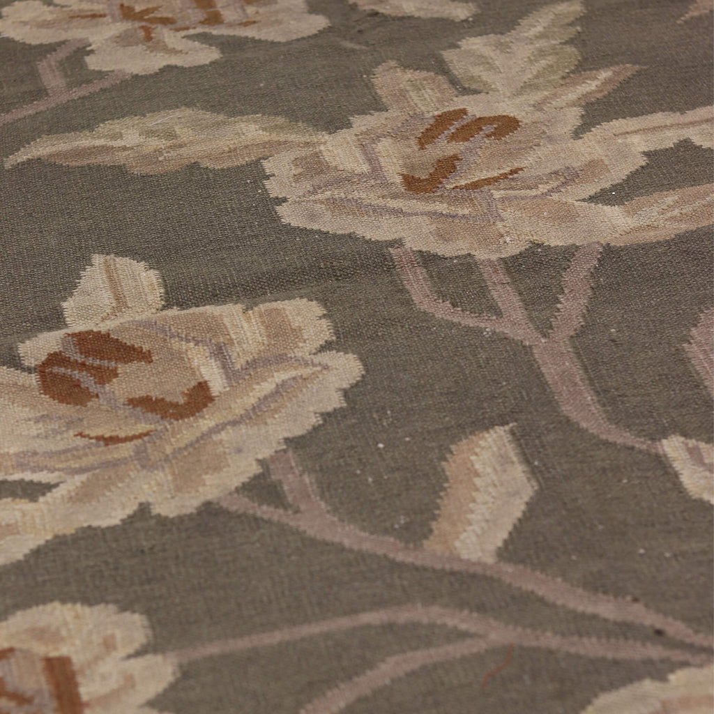 Khaki Floral Swedish Flat Wool Weave  - W96cm x L144cm