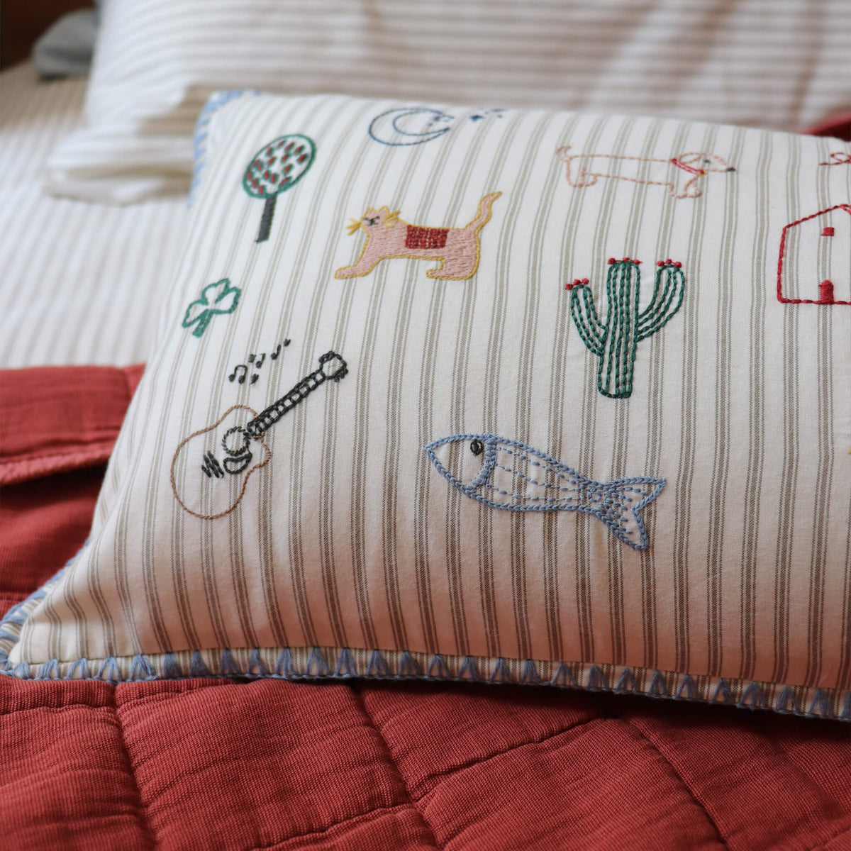 Embroidered Ticking Stripe Cushion
