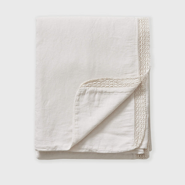 Washed Linen Cotton Duvet Cover with Lace Edge - Chalk