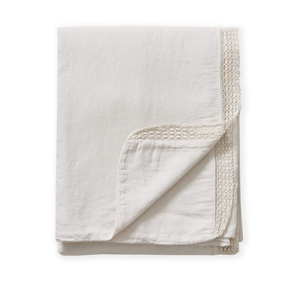 Washed Linen Cotton Duvet Cover with Lace Edge - Chalk
