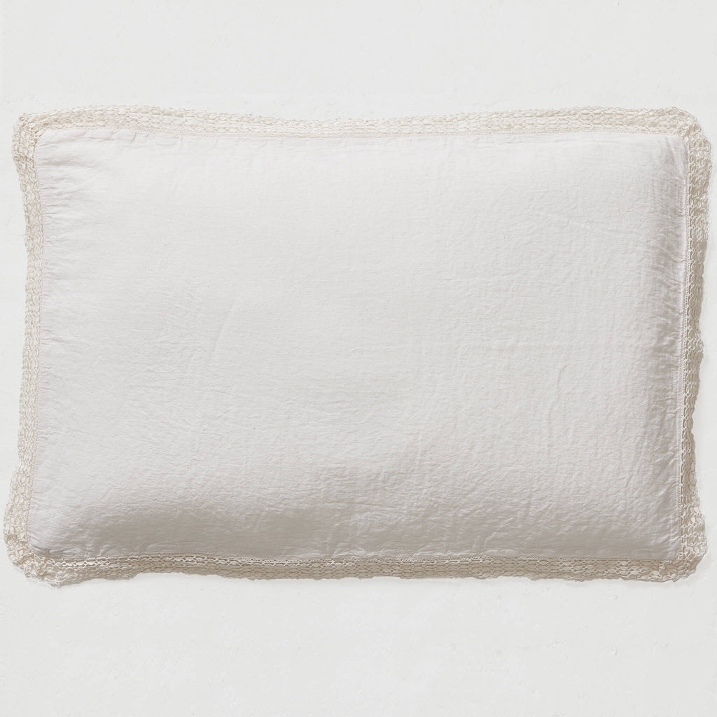 Washed Linen Cotton  Oxford Pillowcase with Lace Edge - Chalk