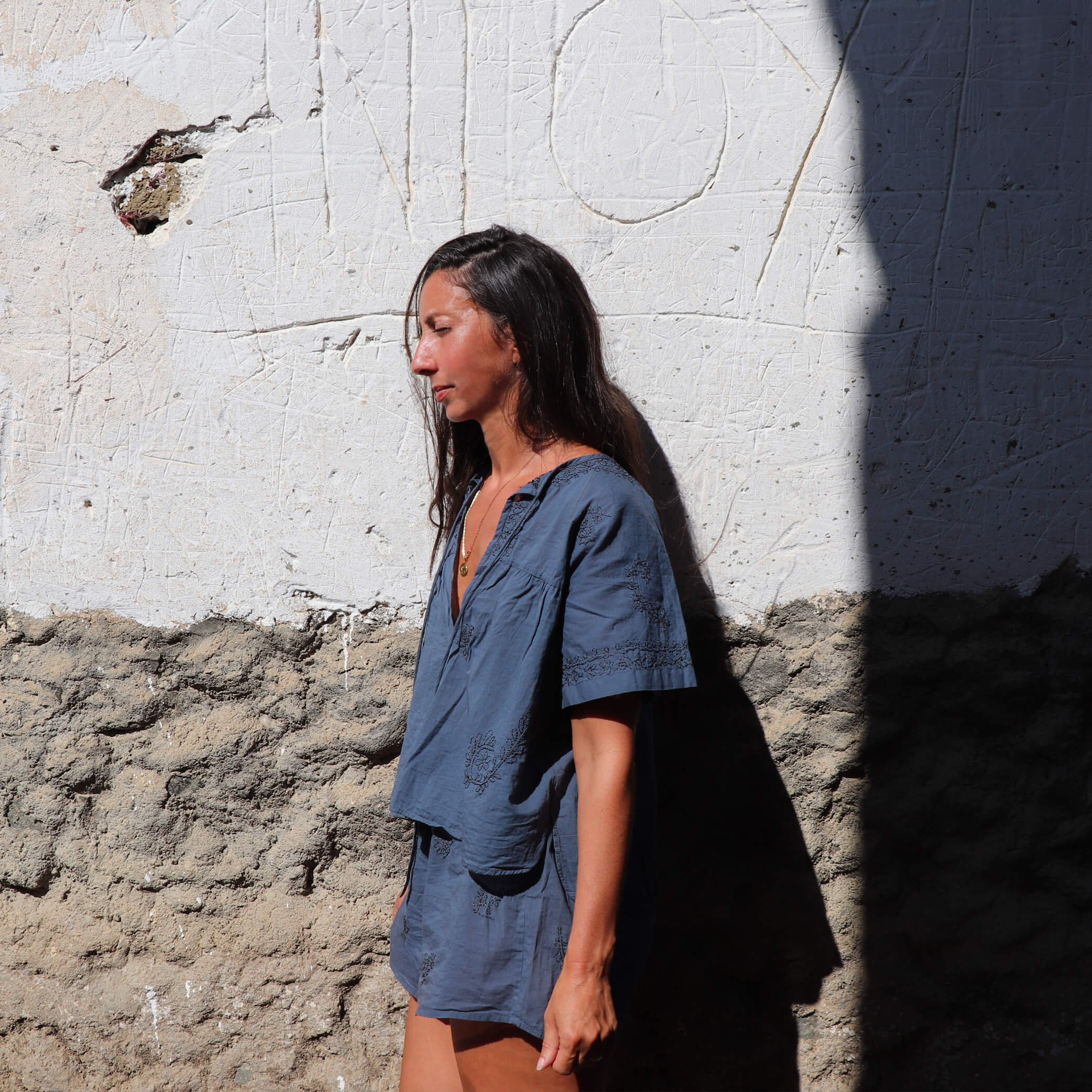 Hand Embroidered Cotton Voile Top in China Clay
