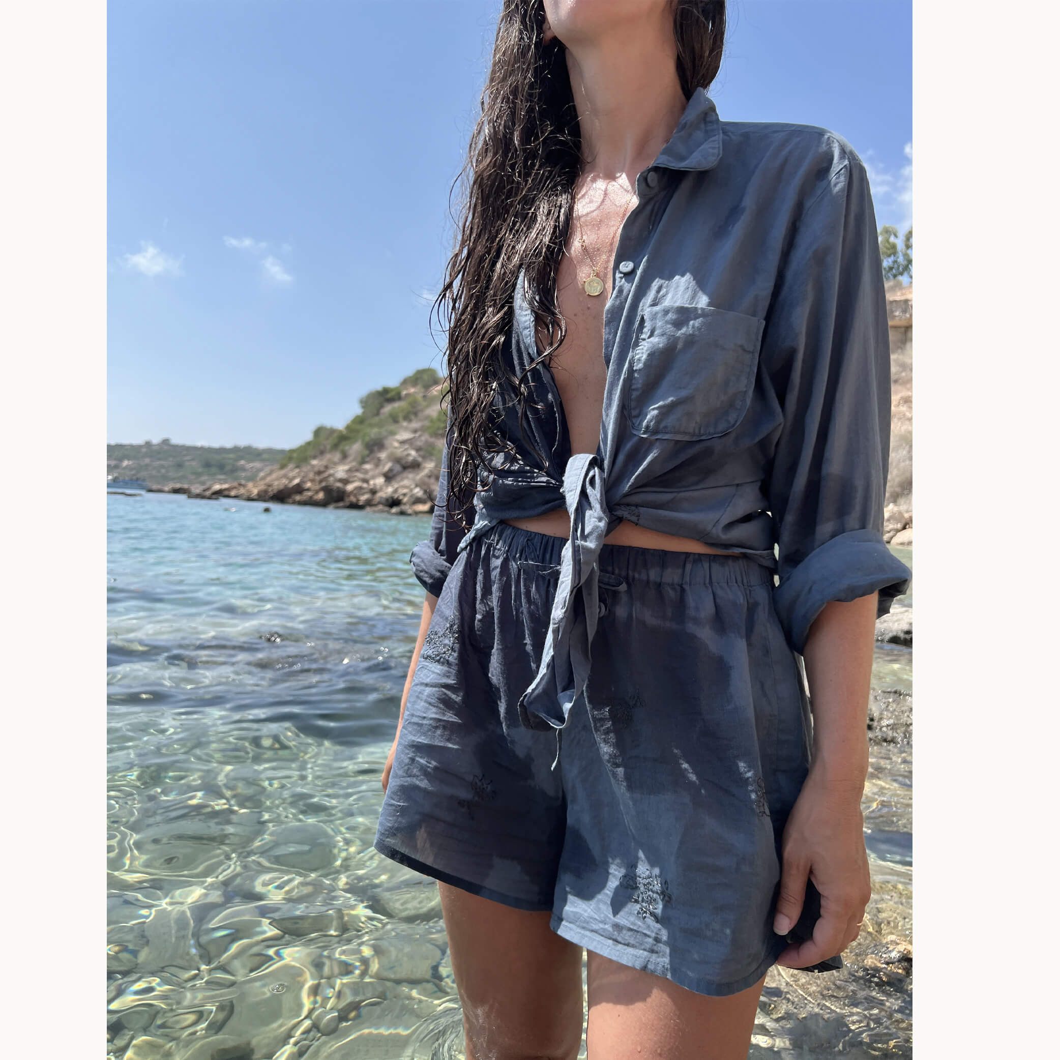 Hand Embroidered Cotton Voile Shorts