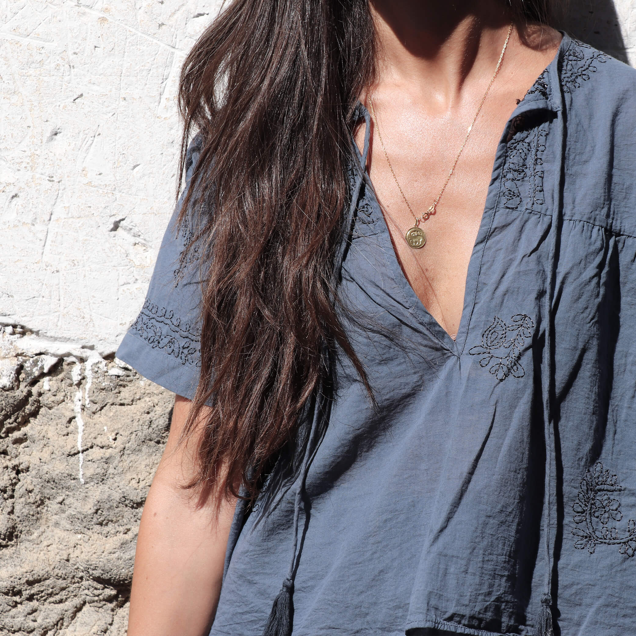 Hand Embroidered Cotton Voile Top in China Clay