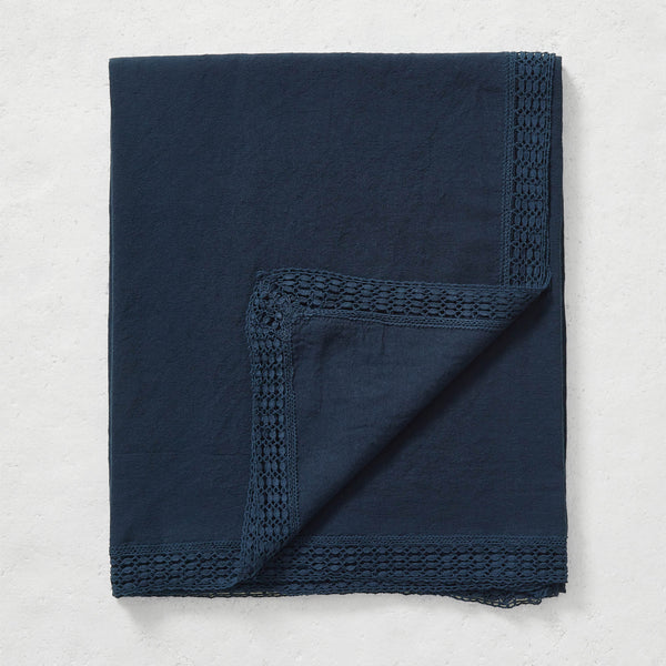 Washed Linen Cotton Tablecloth with Lace edge - Midnight