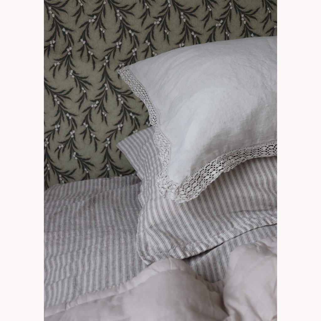 Washed Linen Cotton  Oxford Pillowcase with Lace Edge - Mineral
